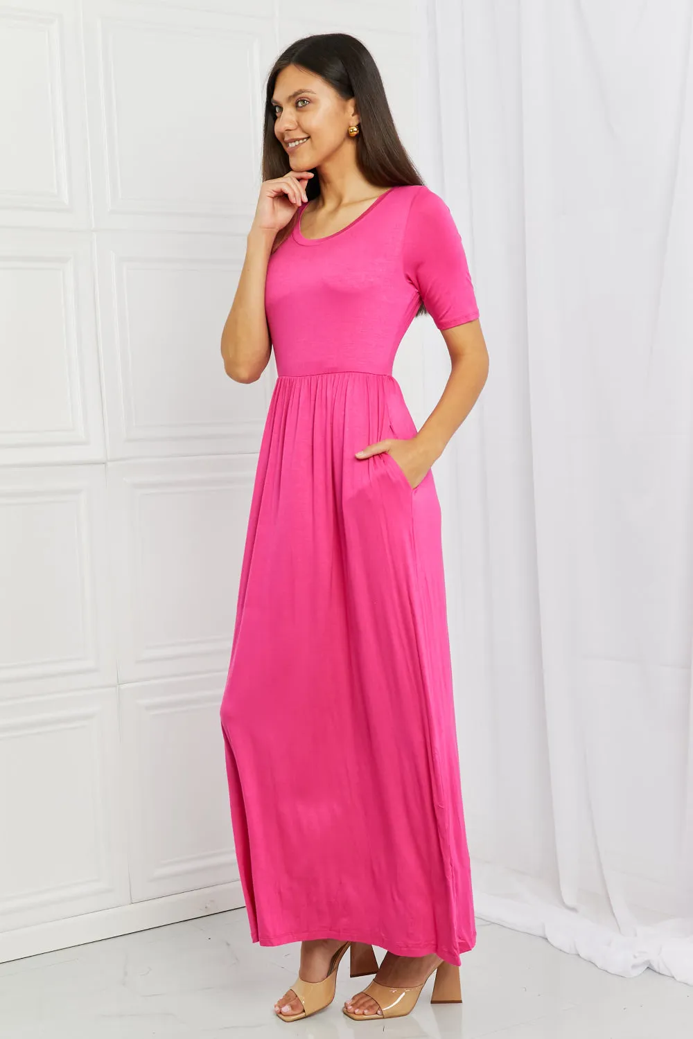 Celeste Sweetheart Full Size Short Sleeve Maxi Dress in Hot Pink