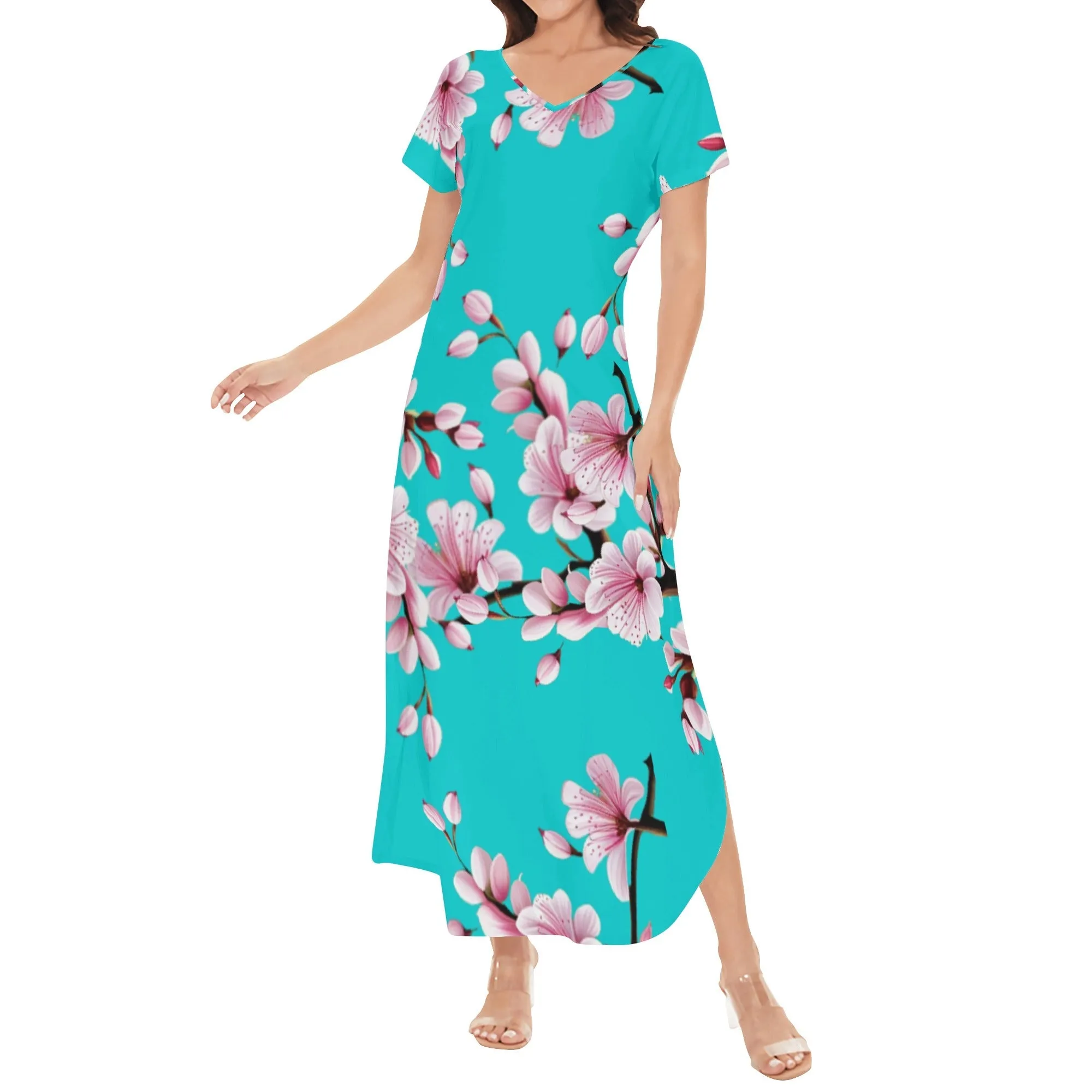 Cherry Bossom Womens Short Sleeve Long Draped Dress - 5 colors