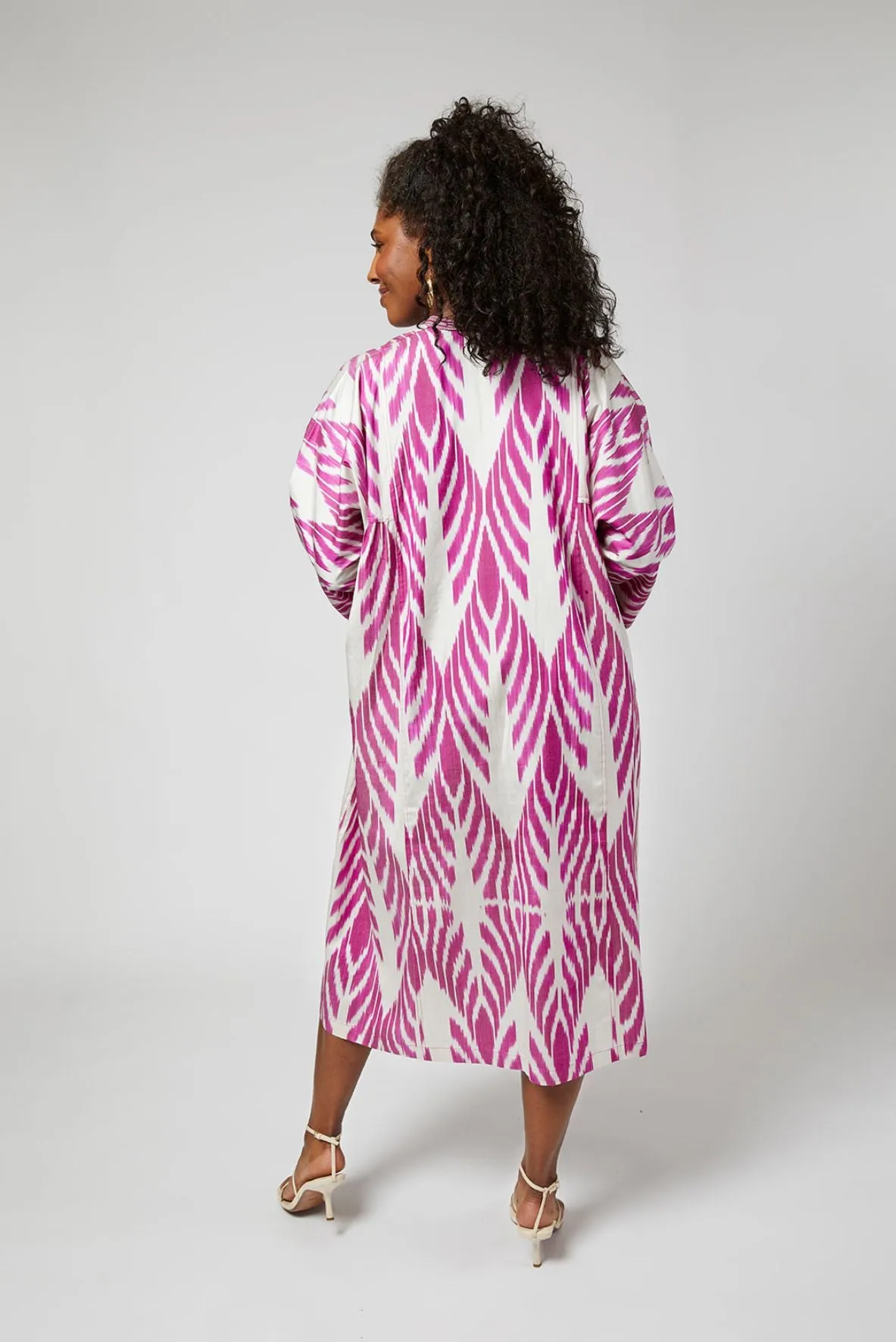 Clair Silk Ikat Kaftan Maxi-Dress - Fuchia, White