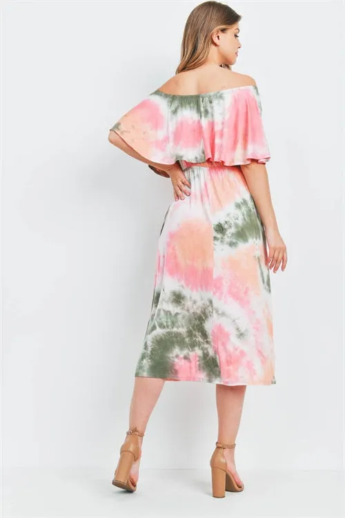 Coral Pink Cold Shoulder Tie Dye Maxi Dress