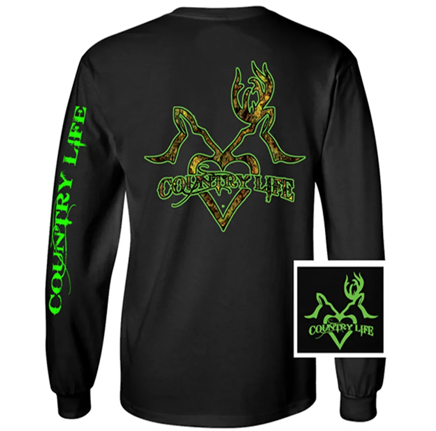 Country Life Outfitters Black & Green Deer Kiss Heart Love Hunt Vintage Long Sleeve Bright T Shirt