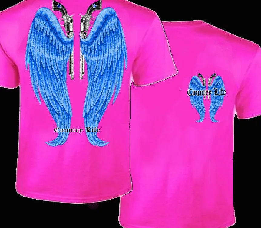 Country Life Outfitters Pink & Blue Wings Guns Vintage Girlie Bright T Shirt