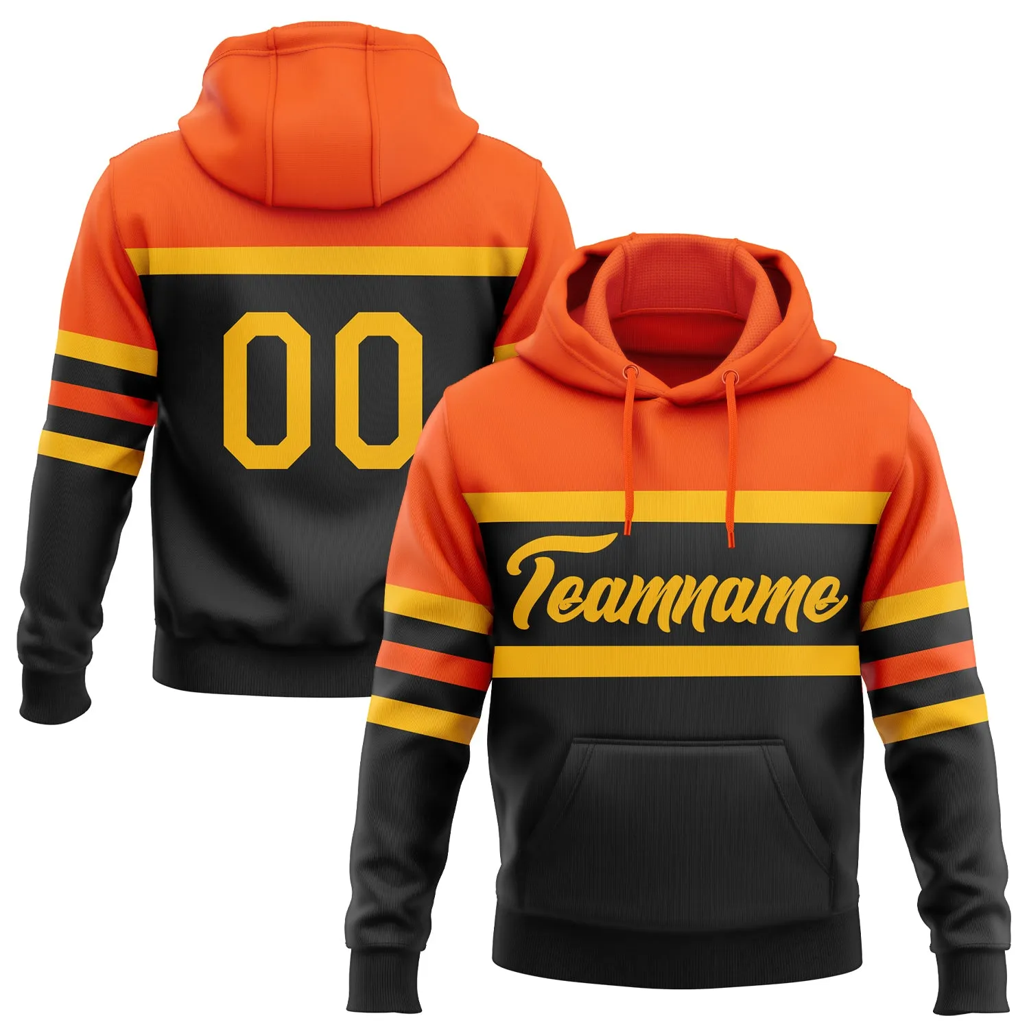 Custom Stitched Black Gold-Orange Line Sports Pullover Sweatshirt Hoodie