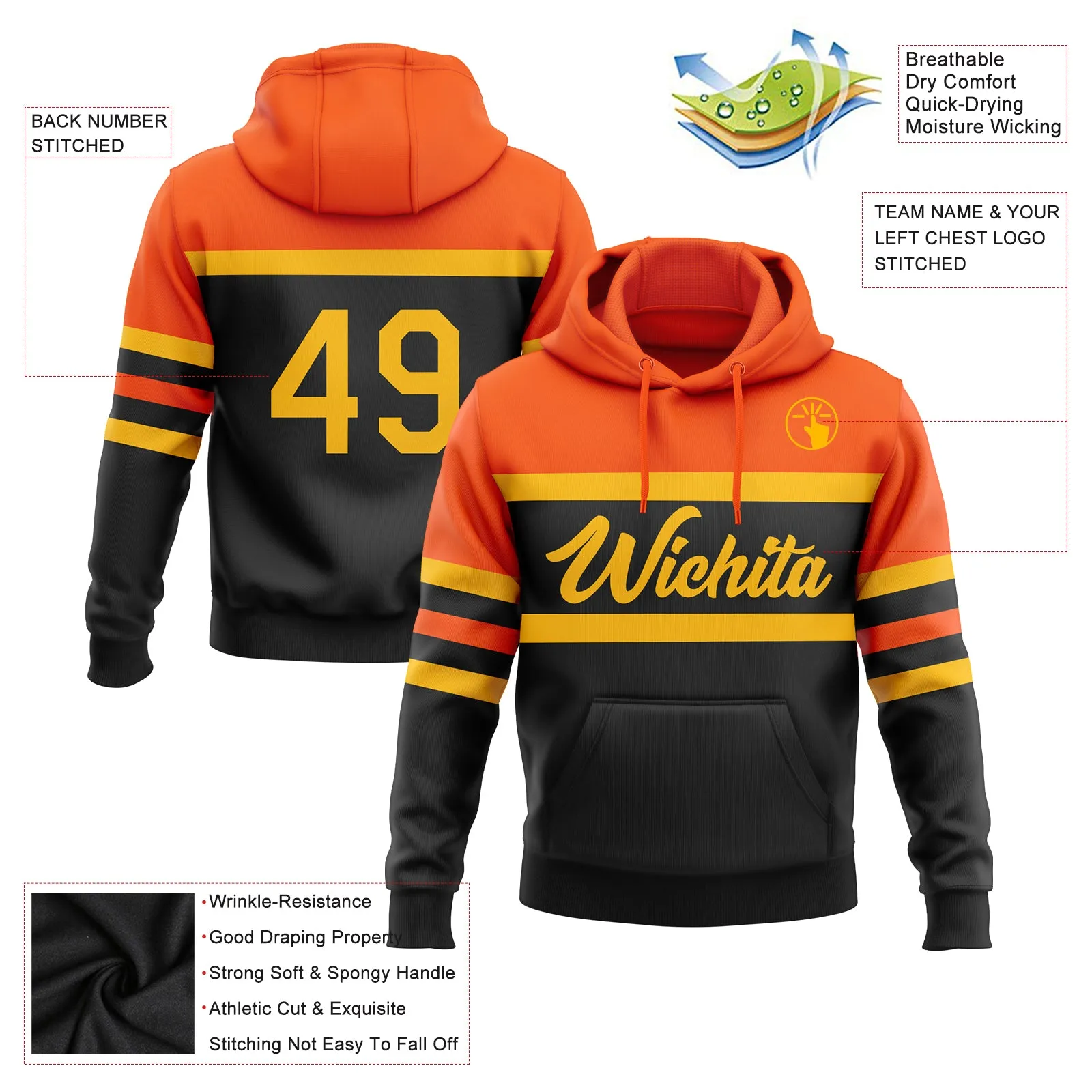 Custom Stitched Black Gold-Orange Line Sports Pullover Sweatshirt Hoodie