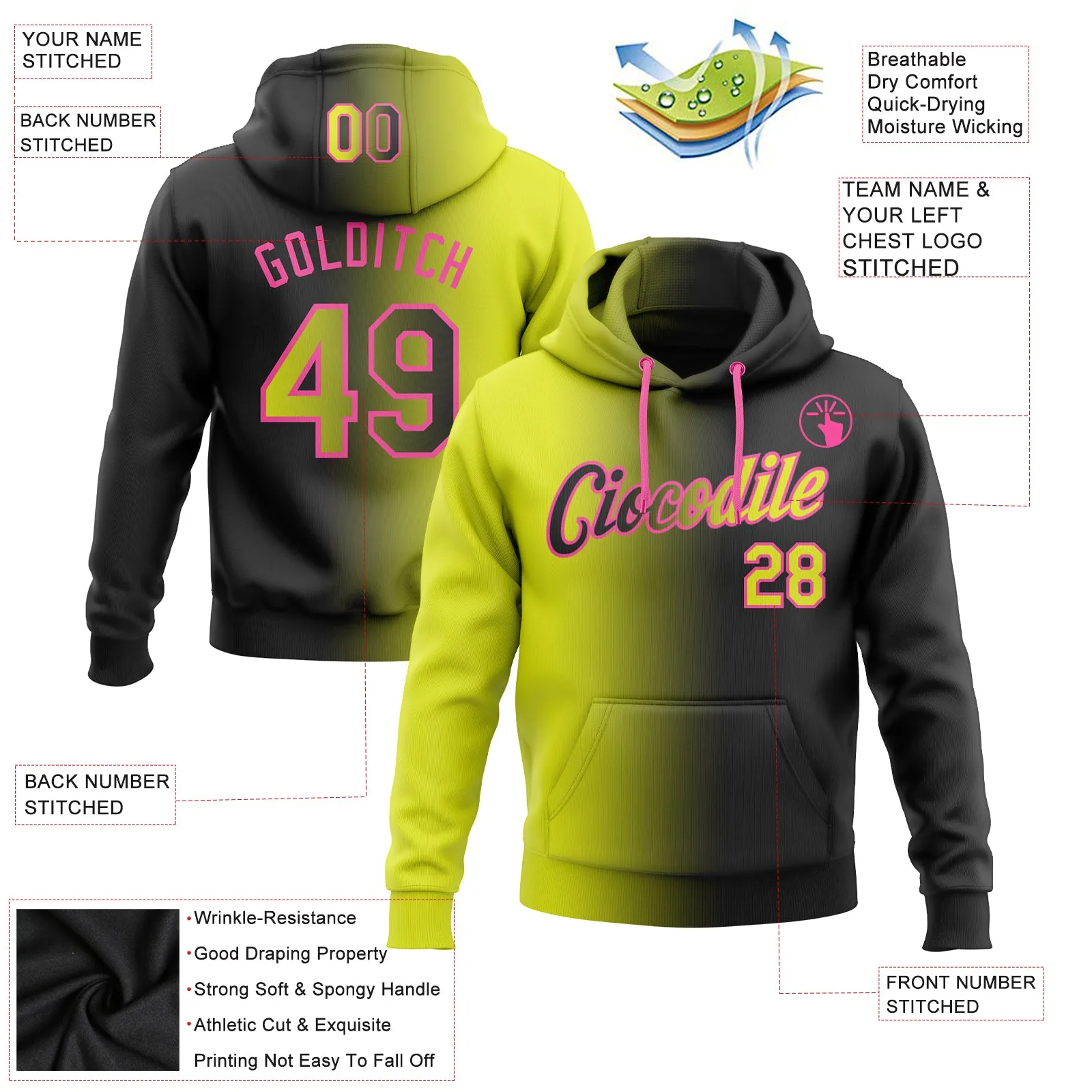 Custom Stitched Black Neon Yellow-Pink Gradient Fashion Sports Pullover Sweatshirt Hoodie