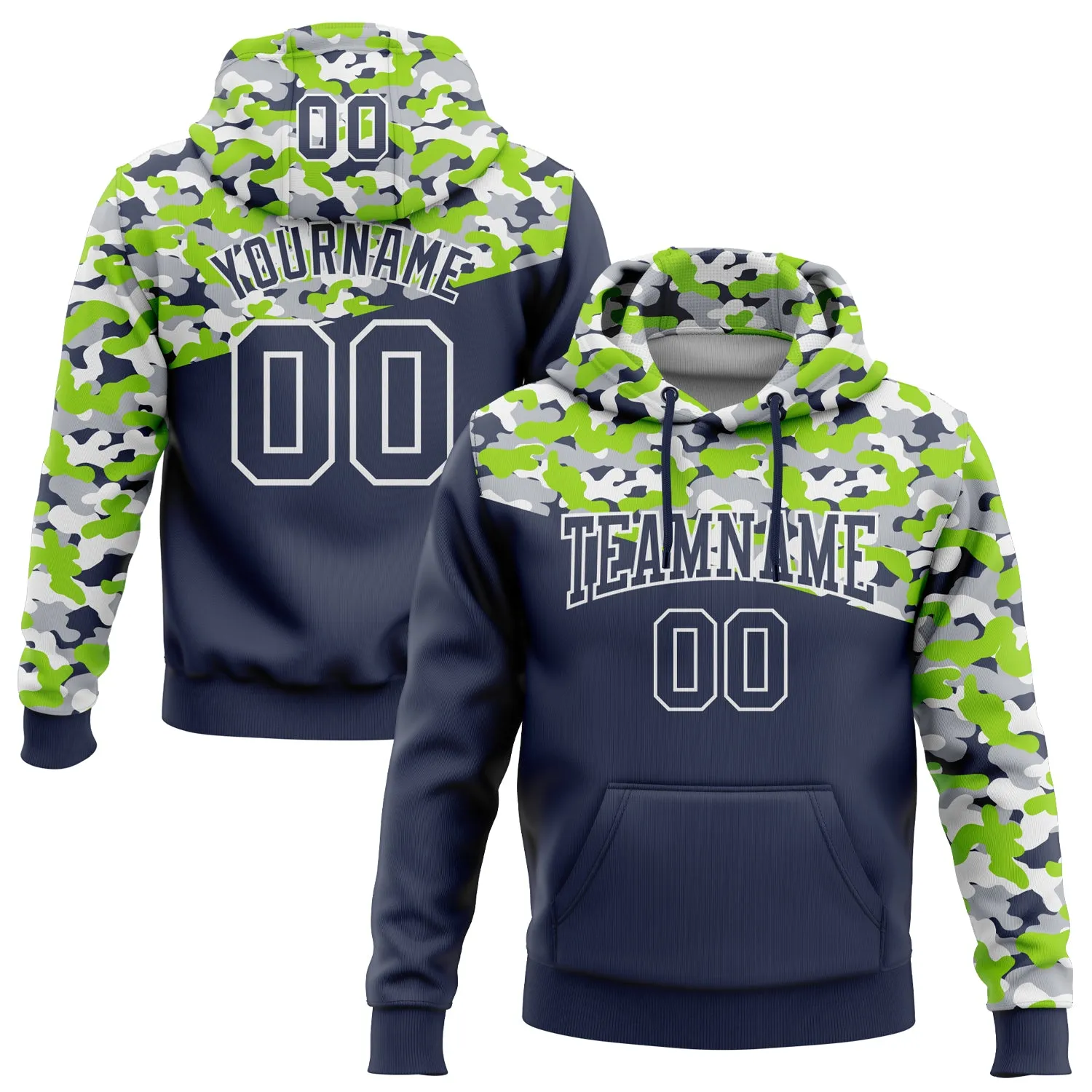 Custom Stitched Camo Navy Neon Green-Gray 3D Sports Pullover Sweatshirt Salute To Service Hoodie