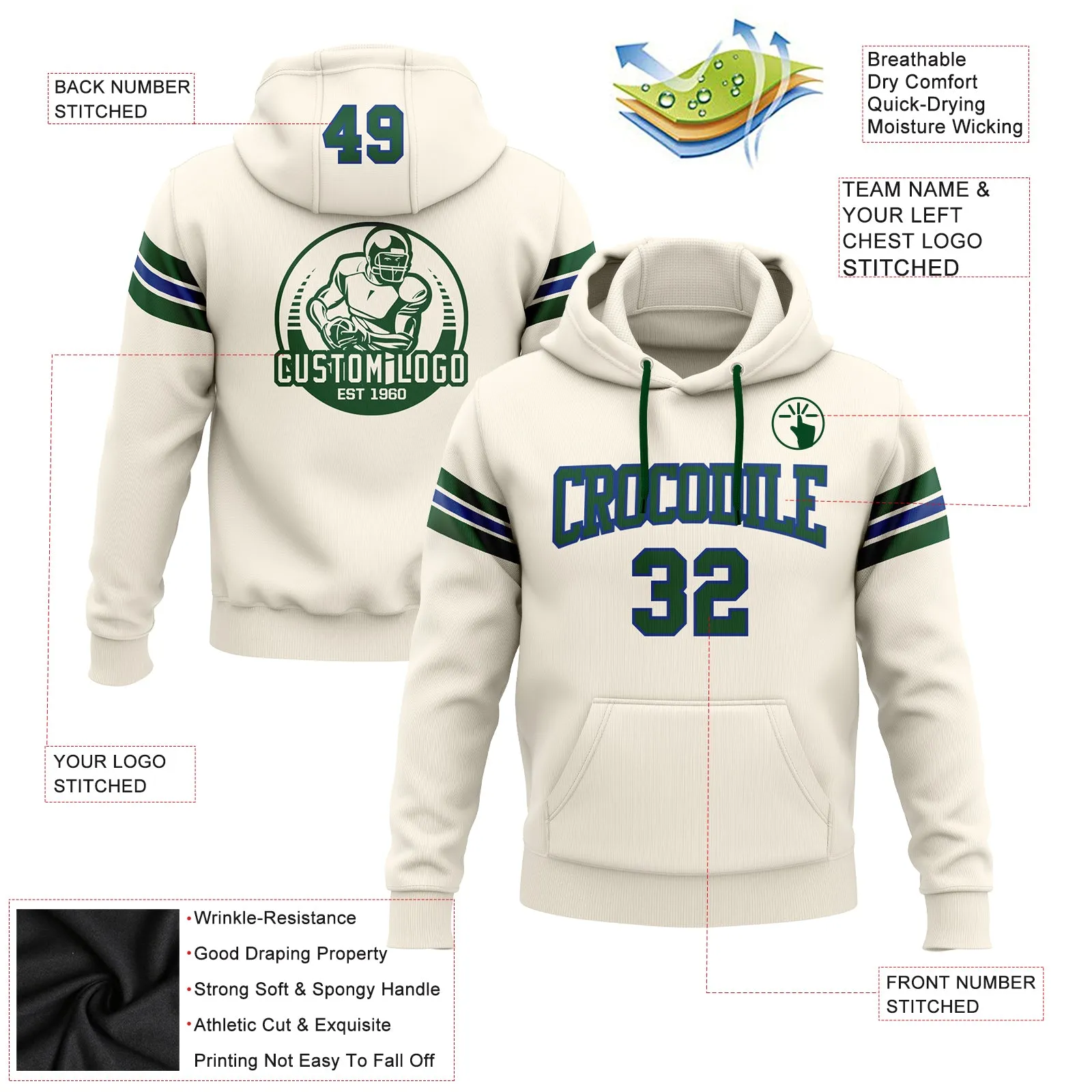 Custom Stitched Cream Green-Royal Football Pullover Sweatshirt Hoodie