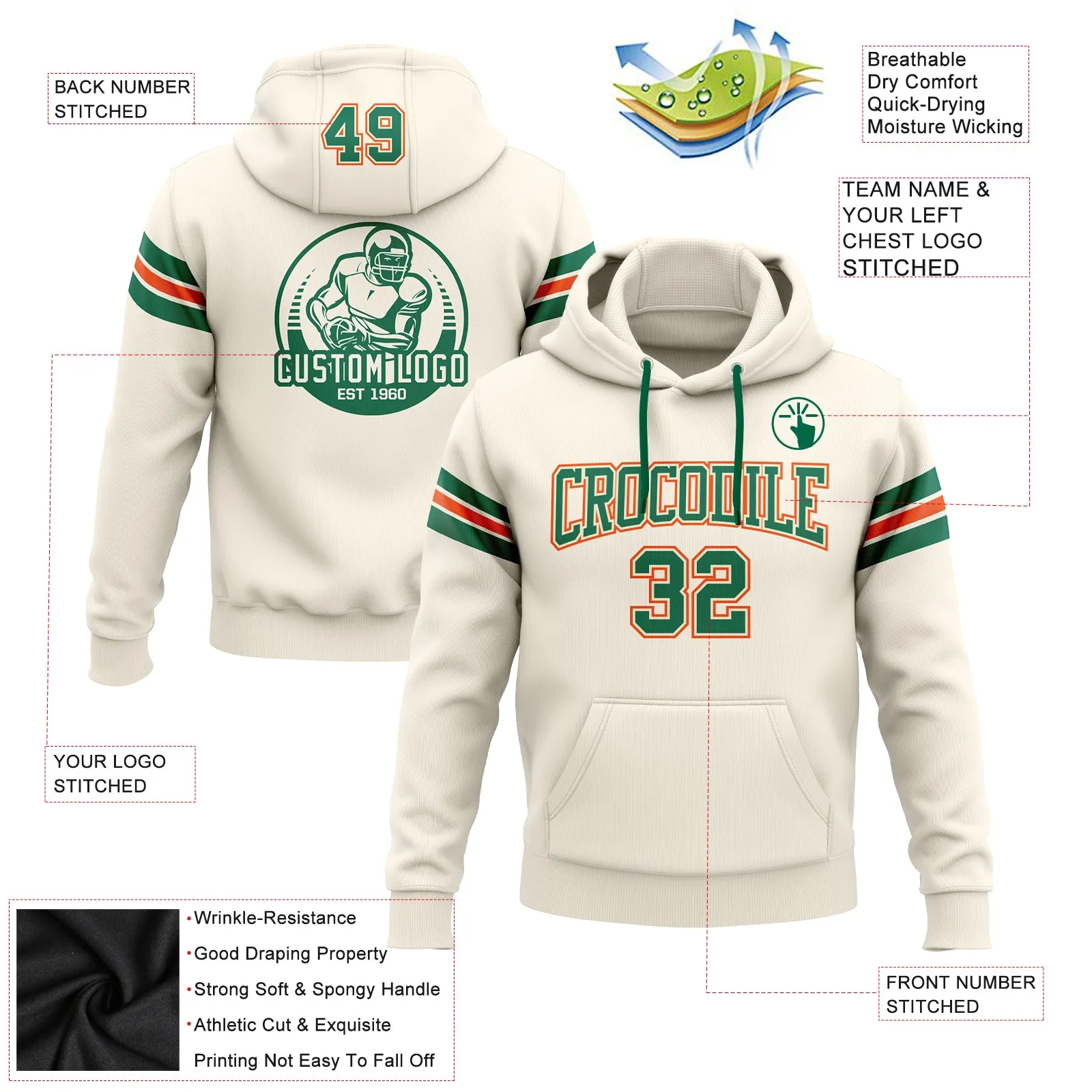 Custom Stitched Cream Kelly Green-Orange Football Pullover Sweatshirt Hoodie