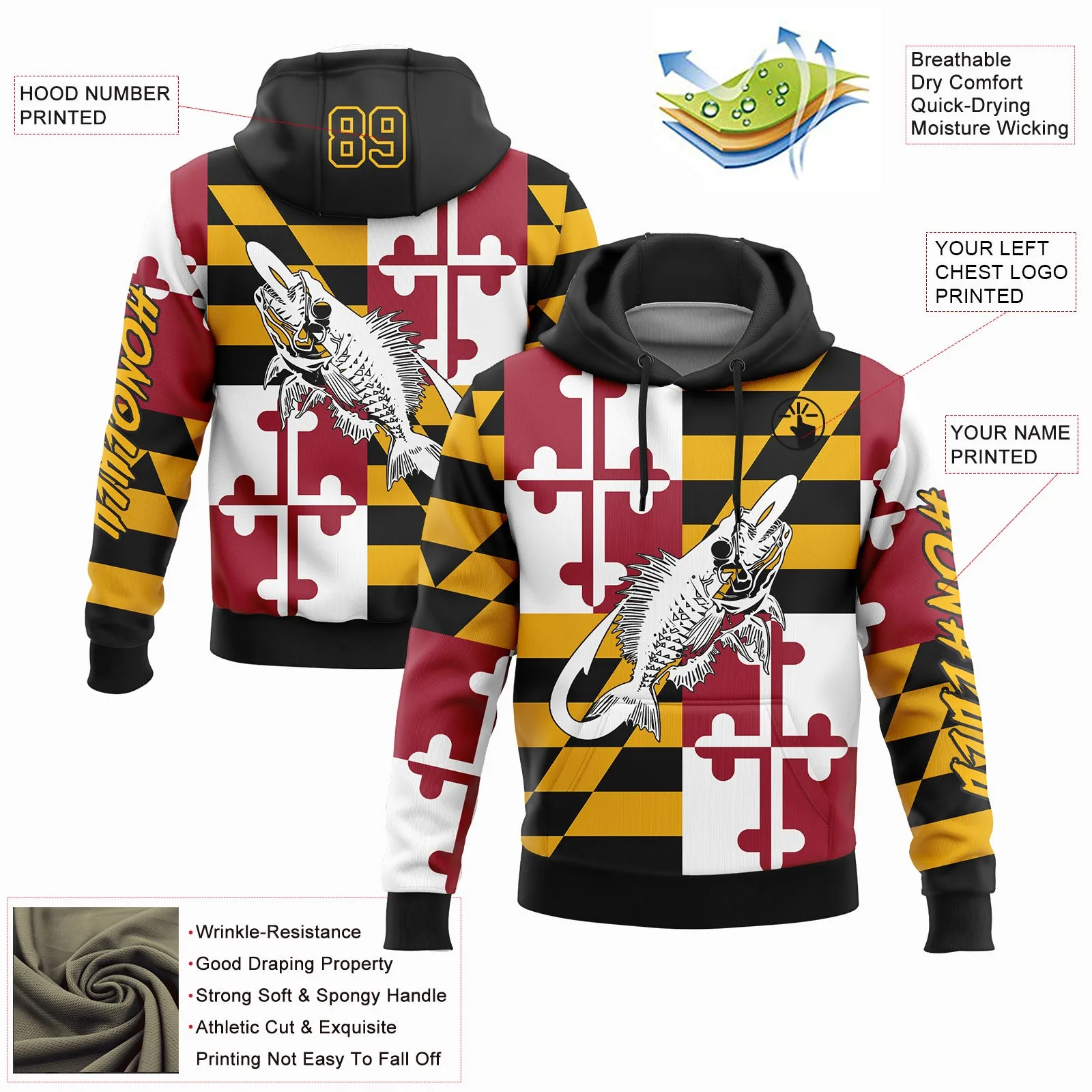 Custom Stitched Gold Black-Red 3D Maryland Flag And Fish Hook Skull Fishing Sports Pullover Sweatshirt Hoodie