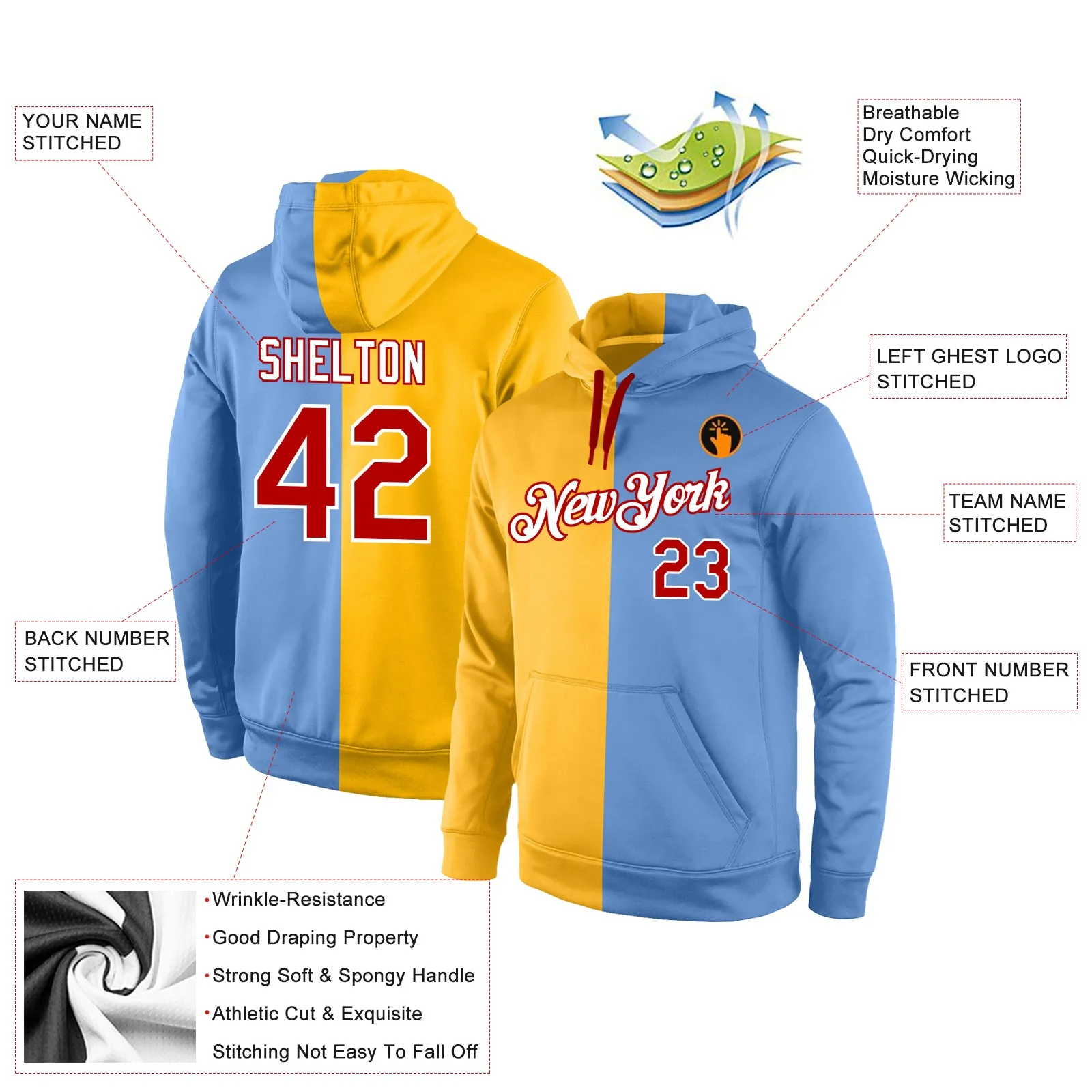 Custom Stitched Gold Red-Light Blue Split Fashion Sports Pullover Sweatshirt Hoodie