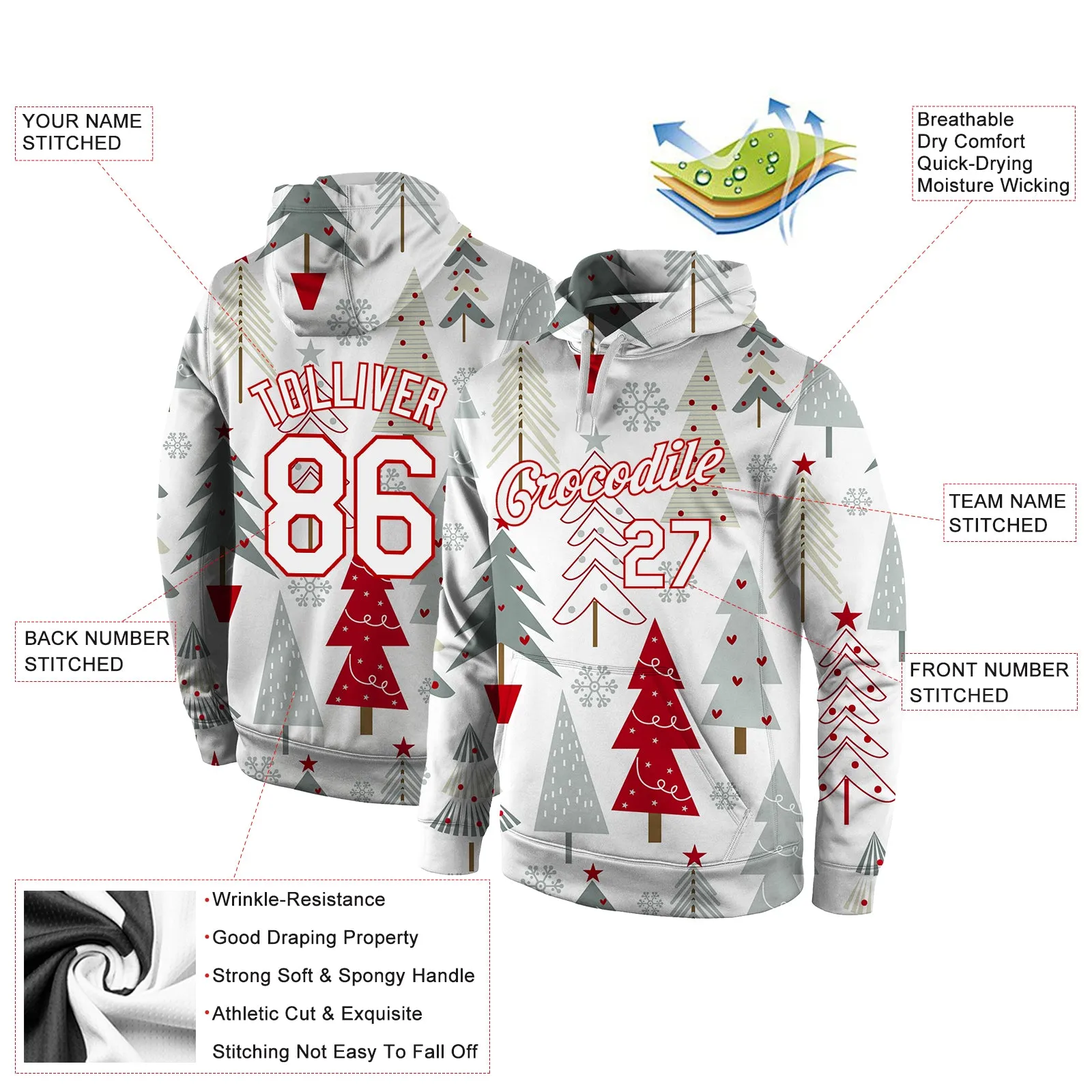 Custom Stitched Gray White-Red Christmas 3D Sports Pullover Sweatshirt Hoodie