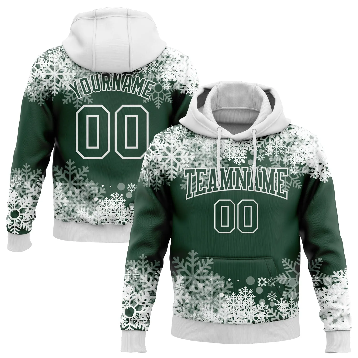 Custom Stitched Green White Christmas Snowflakes 3D Sports Pullover Sweatshirt Hoodie