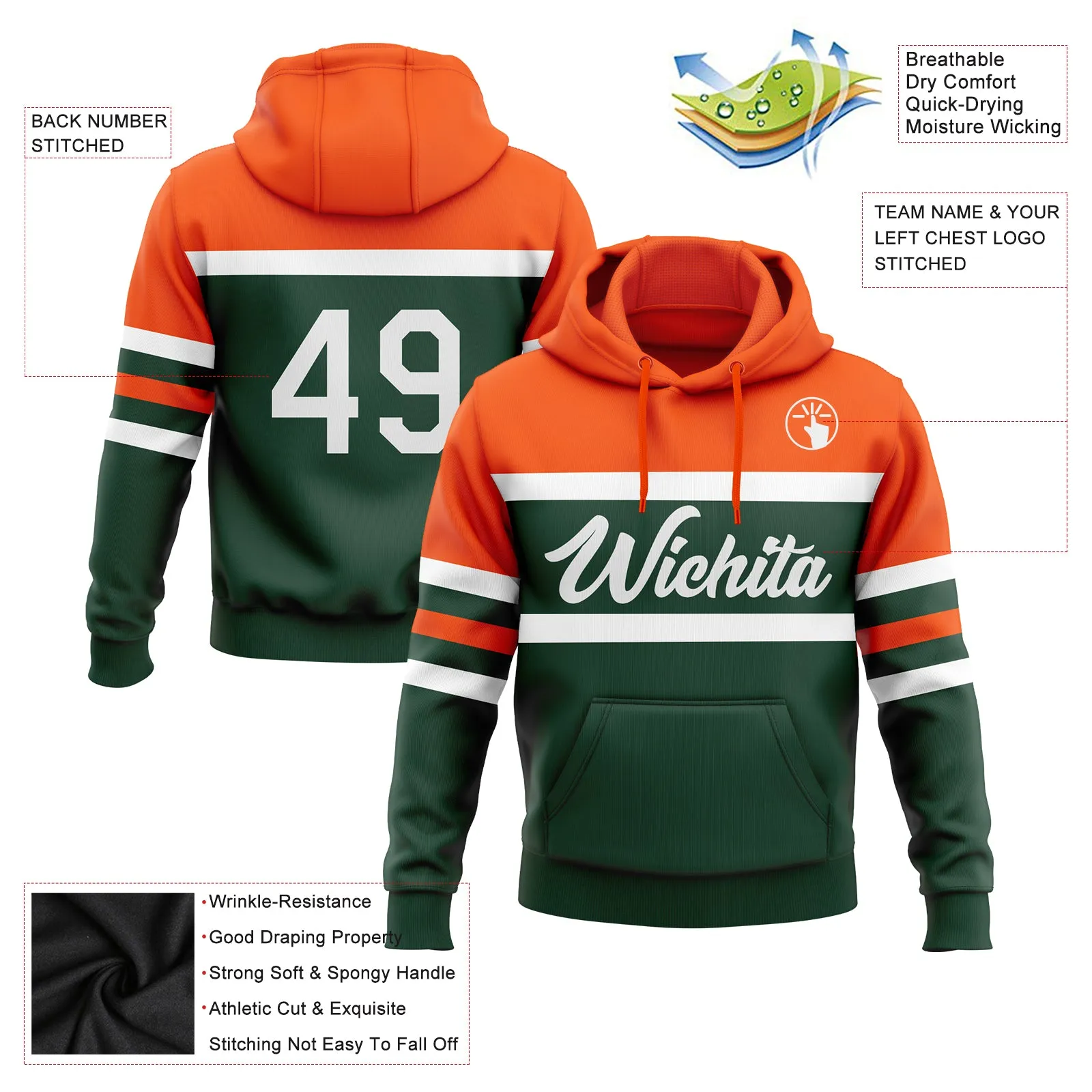 Custom Stitched Green White-Orange Line Sports Pullover Sweatshirt Hoodie