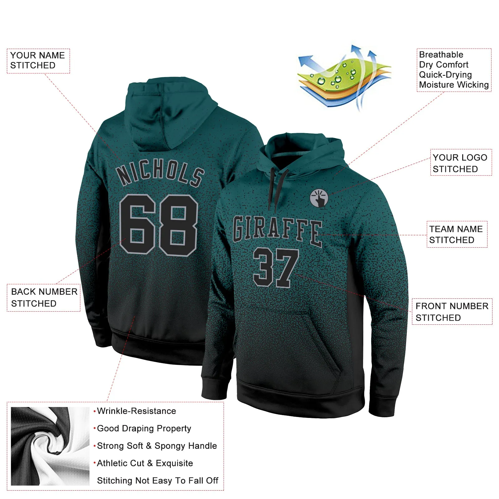 Custom Stitched Midnight Green Black-Gray Fade Fashion Sports Pullover Sweatshirt Hoodie