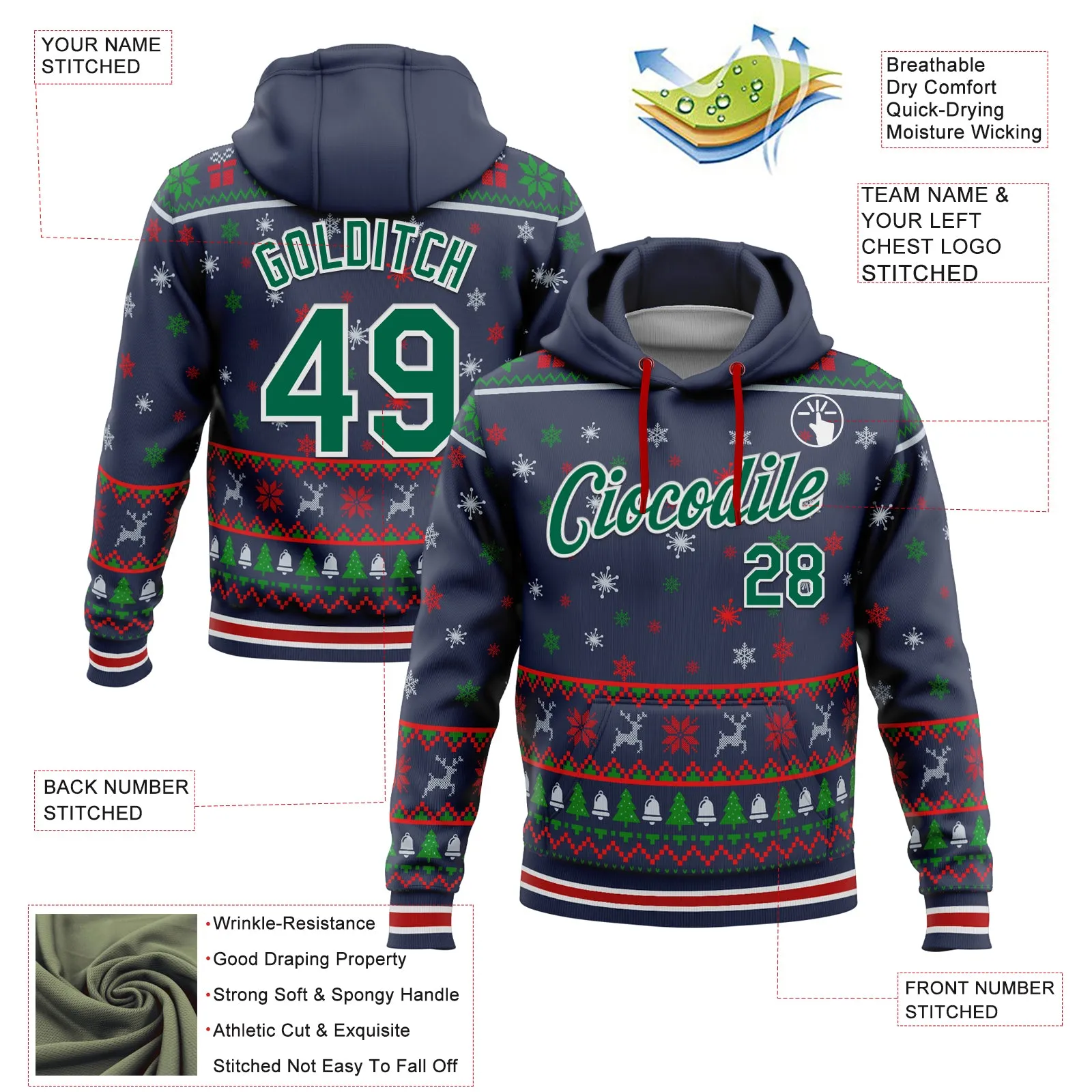 Custom Stitched Navy Kelly Green-White 3D Christmas Sports Pullover Sweatshirt Hoodie