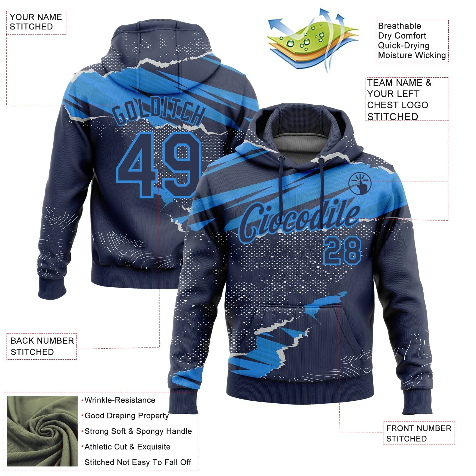 Custom Stitched Navy Powder Blue 3D Pattern Design Torn Paper Style Sports Pullover Sweatshirt Hoodie