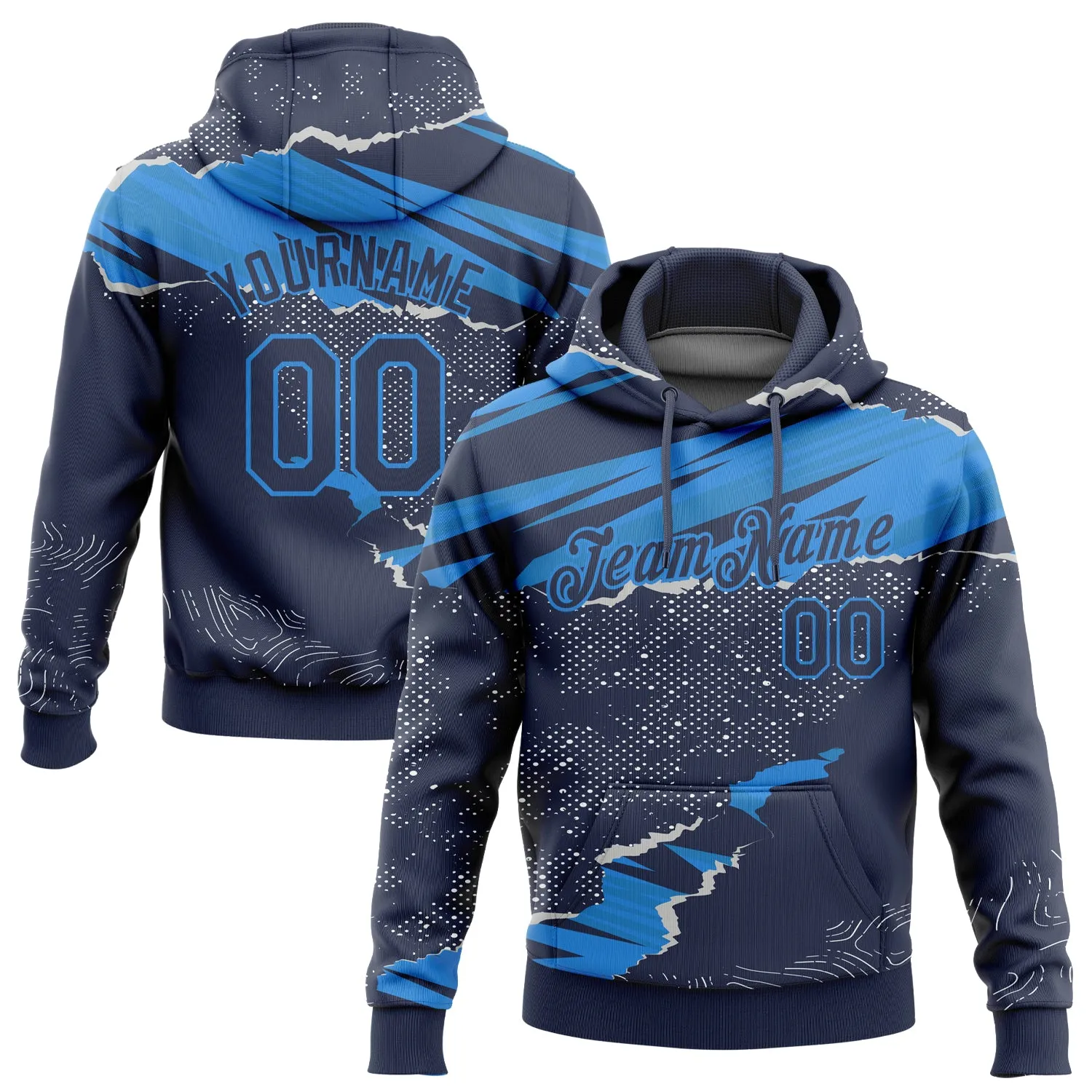 Custom Stitched Navy Powder Blue 3D Pattern Design Torn Paper Style Sports Pullover Sweatshirt Hoodie