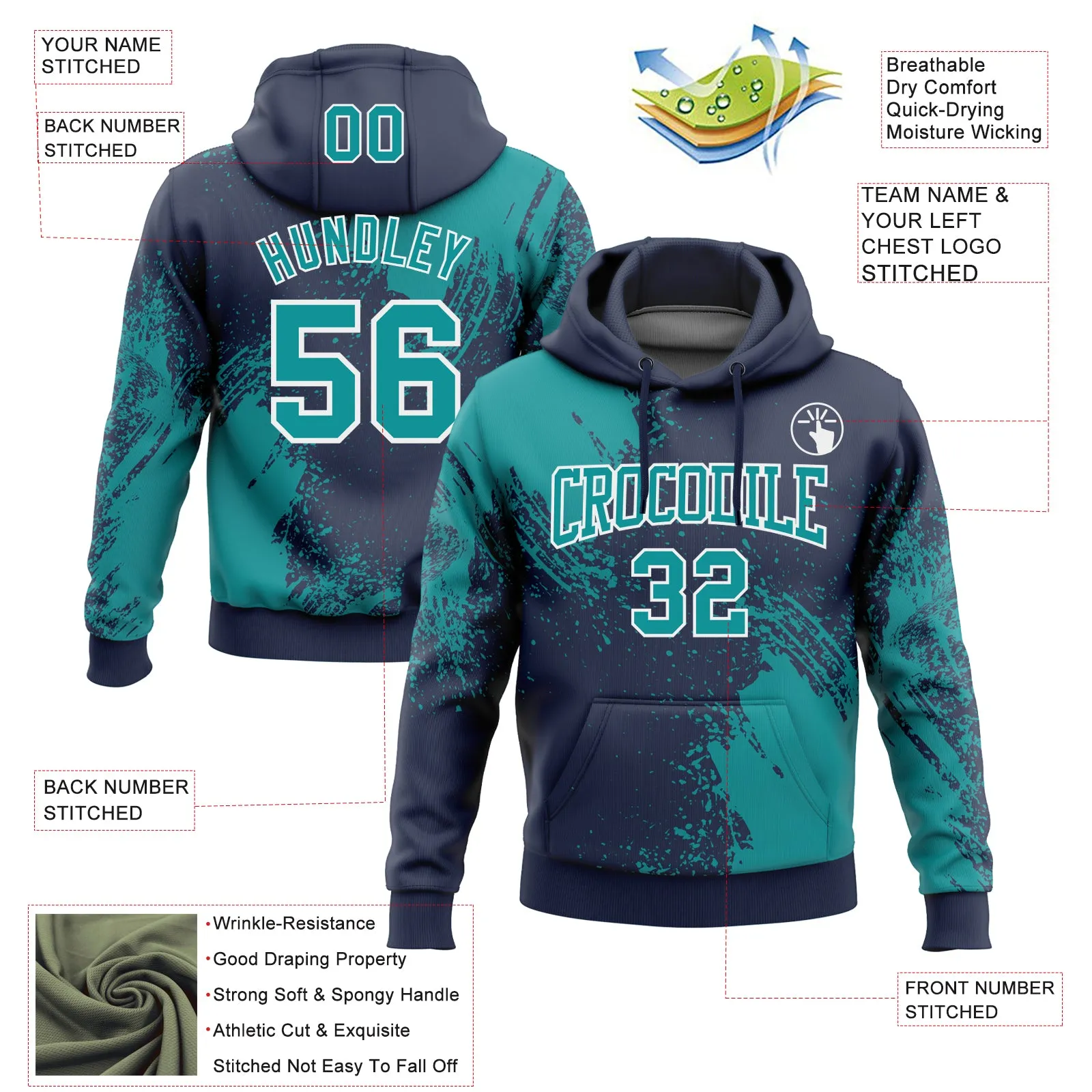 Custom Stitched Navy Teal-White 3D Pattern Design Abstract Brush Stroke Sports Pullover Sweatshirt Hoodie