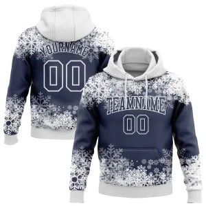 Custom Stitched Navy White Christmas Snowflakes 3D Sports Pullover Sweatshirt Hoodie