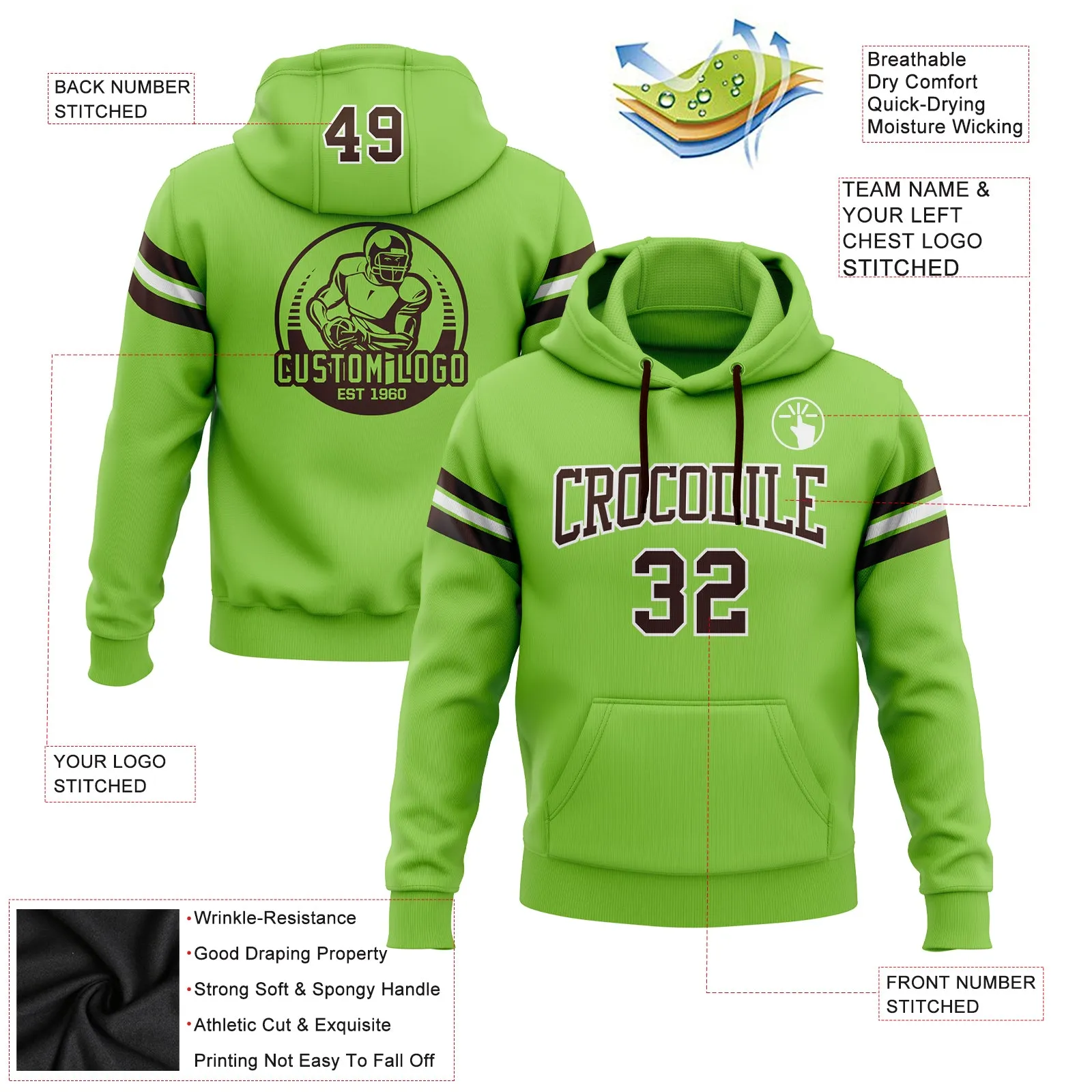 Custom Stitched Neon Green Brown-White Football Pullover Sweatshirt Hoodie