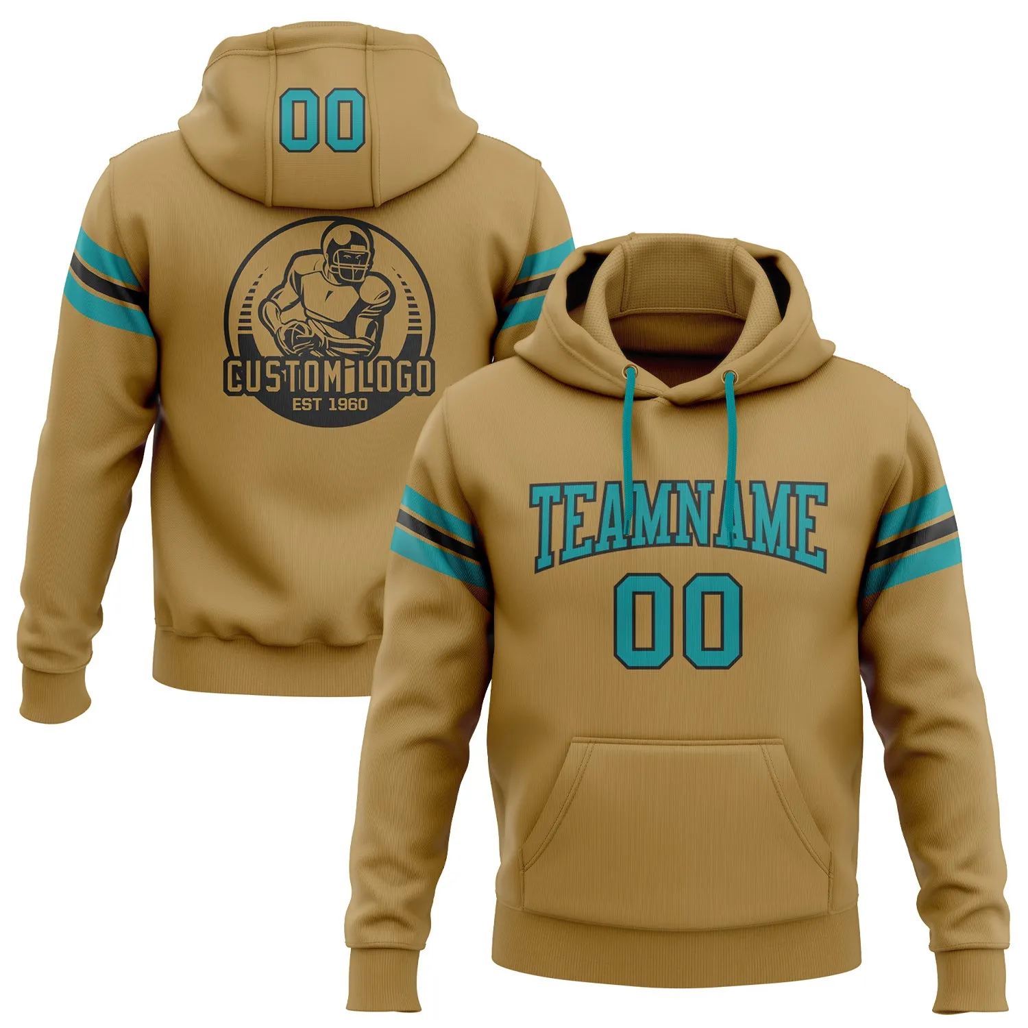 Custom Stitched Old Gold Teal-Black Football Pullover Sweatshirt Hoodie