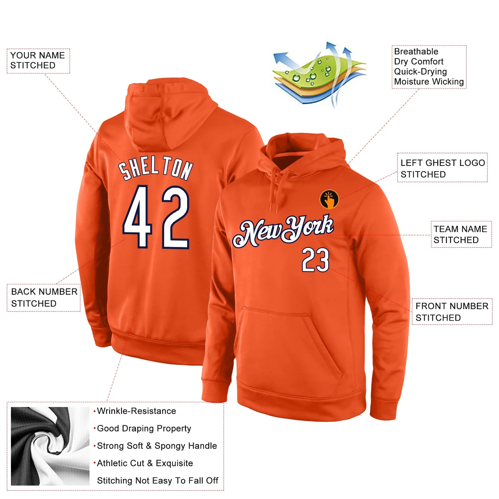 Custom Stitched Orange White-Navy Sports Pullover Sweatshirt Hoodie