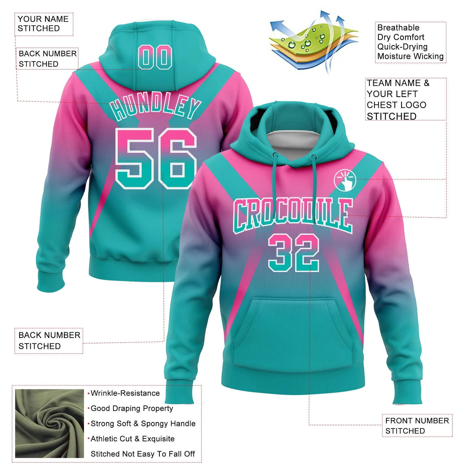 Custom Stitched Pink Aqua-White Fade Fashion Arrow Sports Pullover Sweatshirt Hoodie