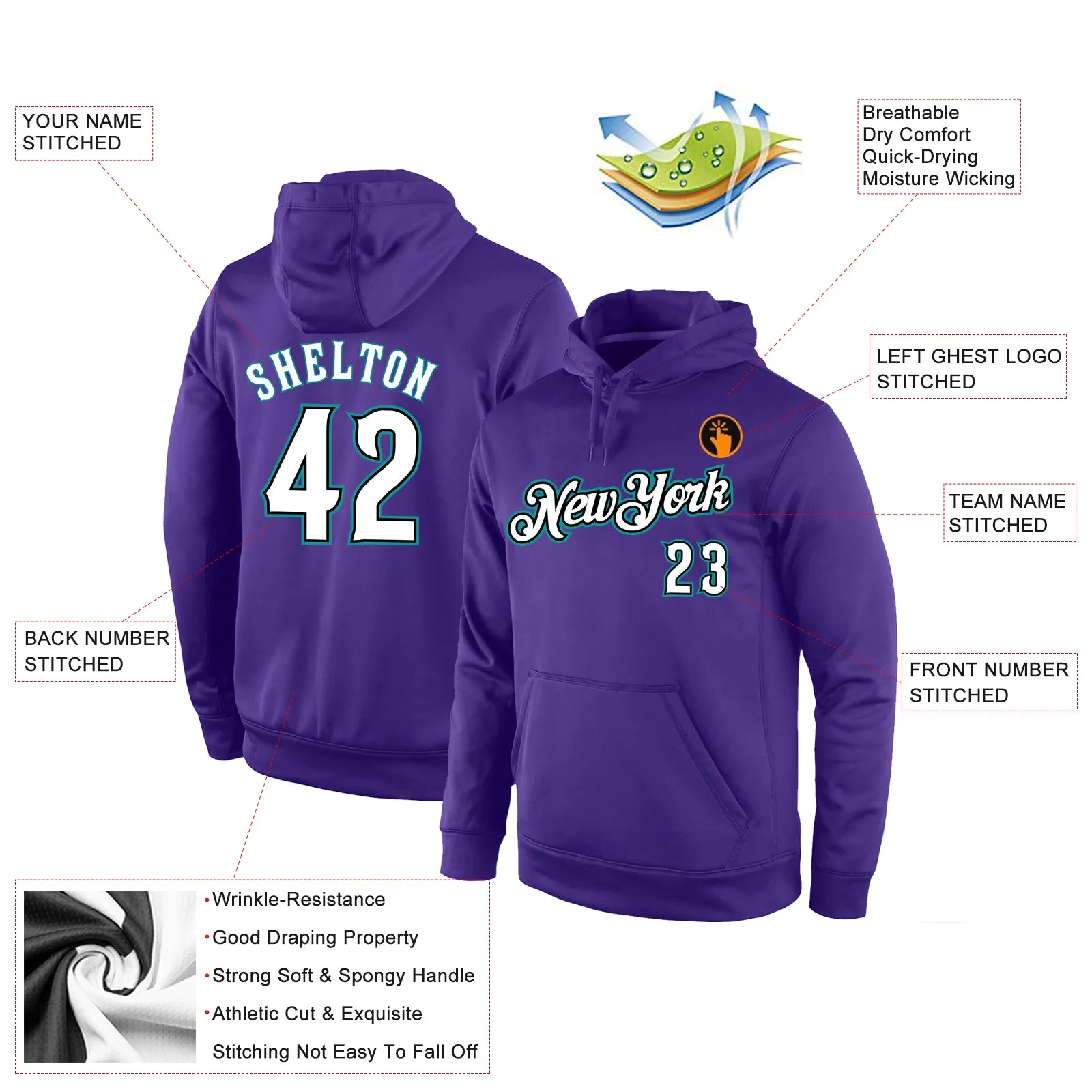 Custom Stitched Purple White-Aqua Sports Pullover Sweatshirt Hoodie