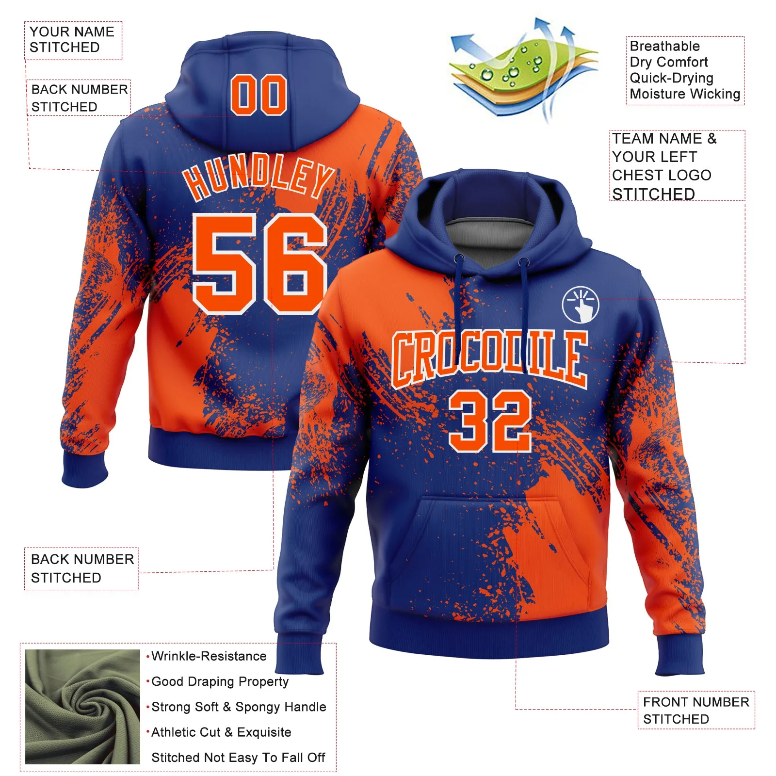 Custom Stitched Royal Orange-White 3D Pattern Design Abstract Brush Stroke Sports Pullover Sweatshirt Hoodie