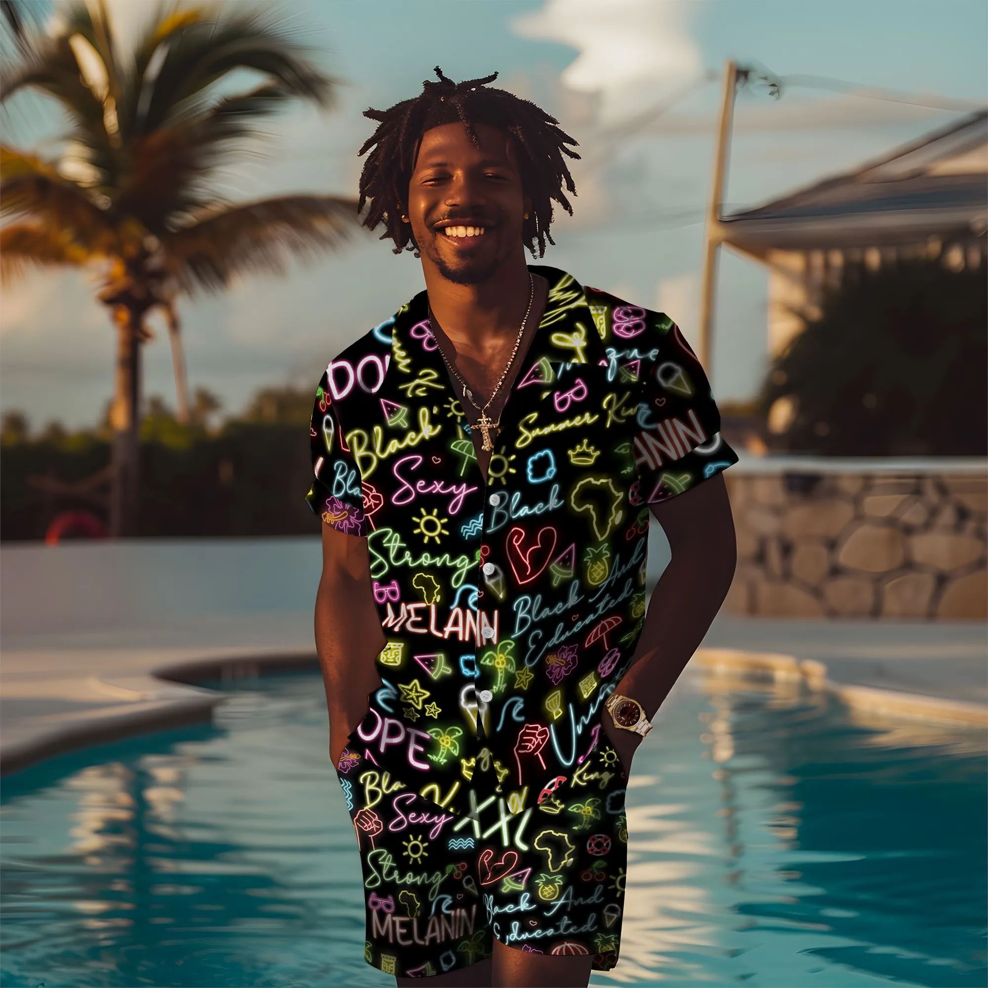 Dope Black King Neon Hawaiian Shirt and Shorts Set