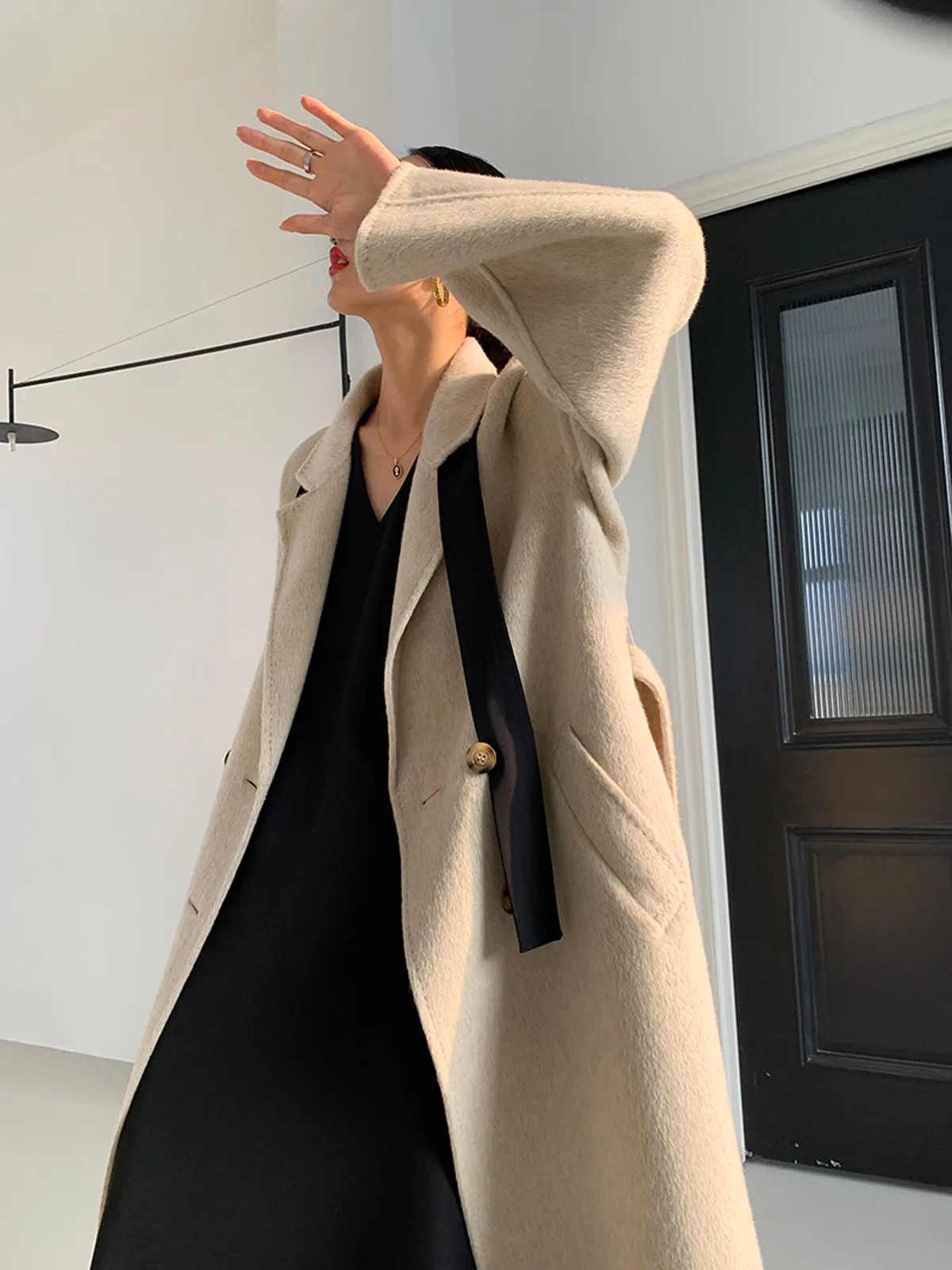 Double Face Wool Wrap Belt Blazer Coat - Beige Gray