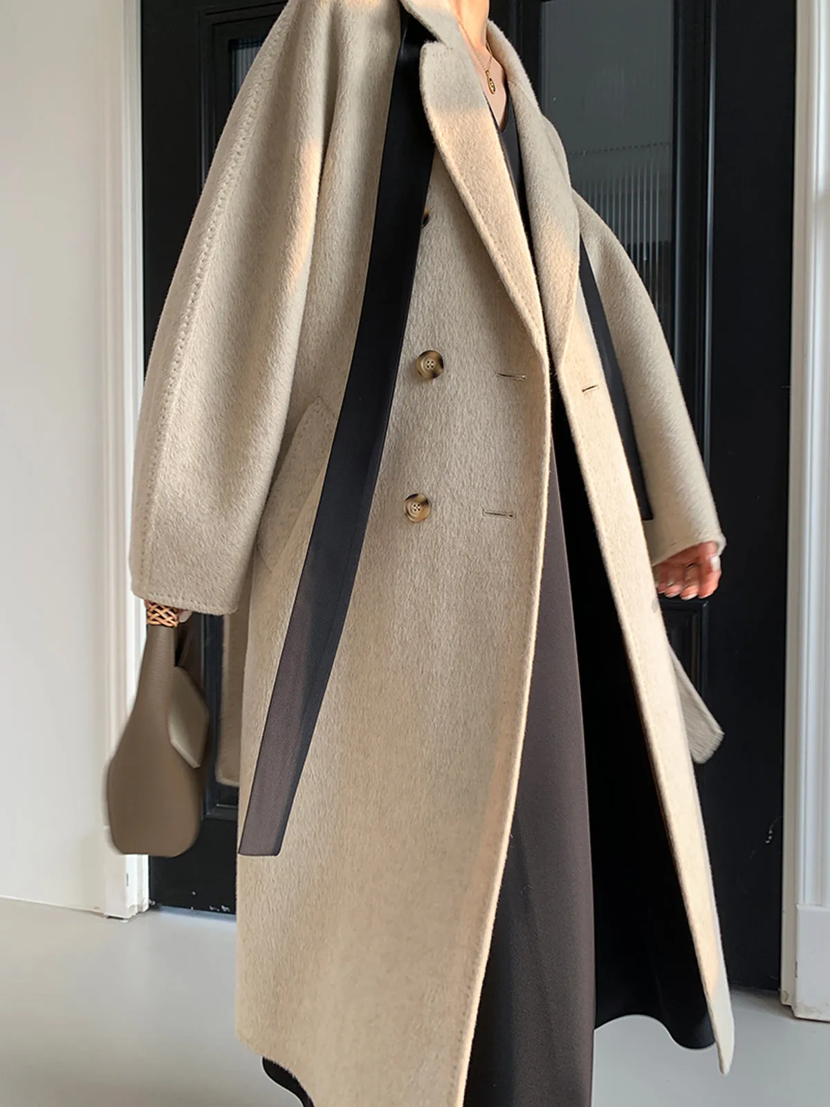 Double Face Wool Wrap Belt Blazer Coat - Beige Gray