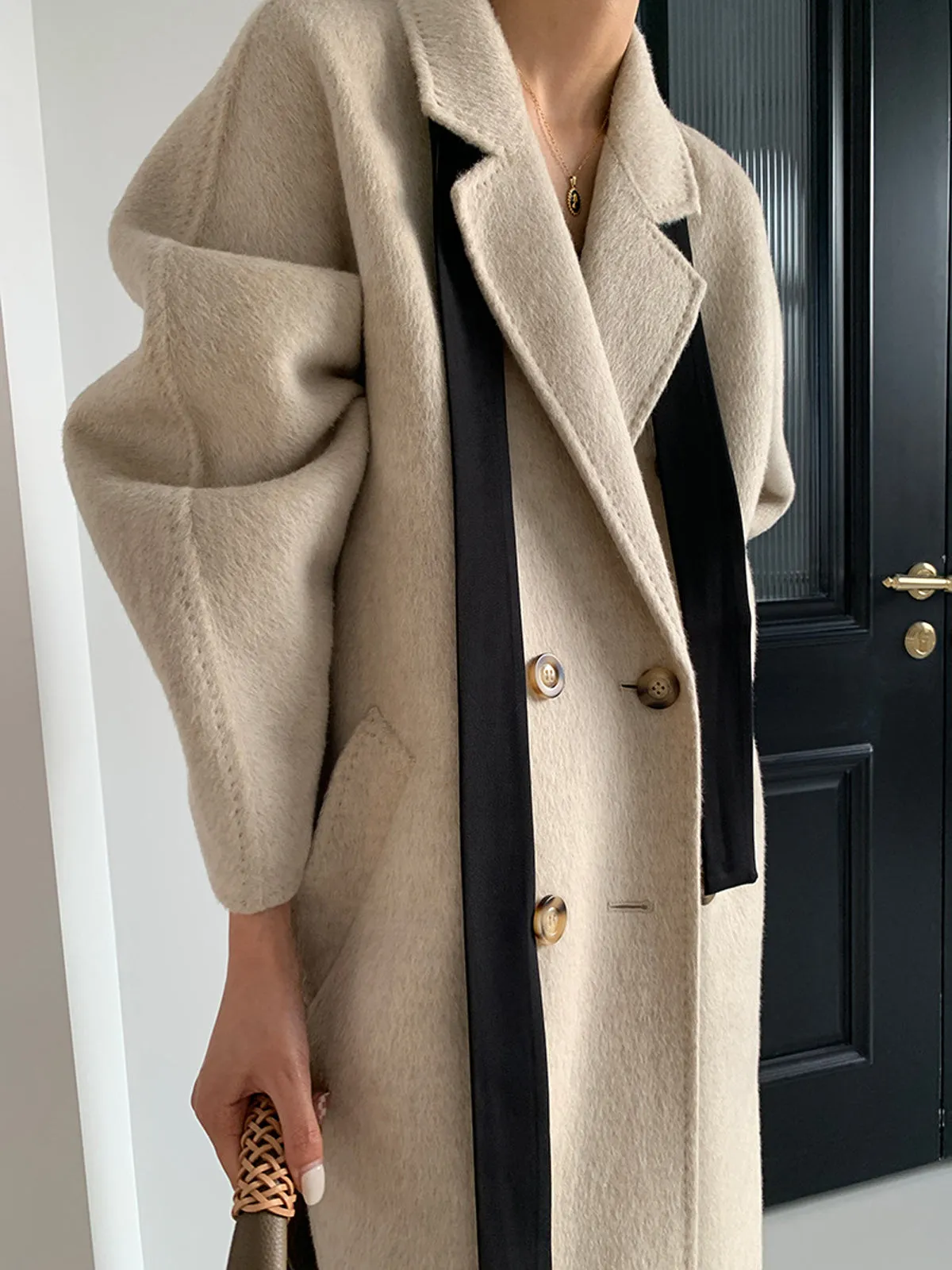 Double Face Wool Wrap Belt Blazer Coat - Beige Gray