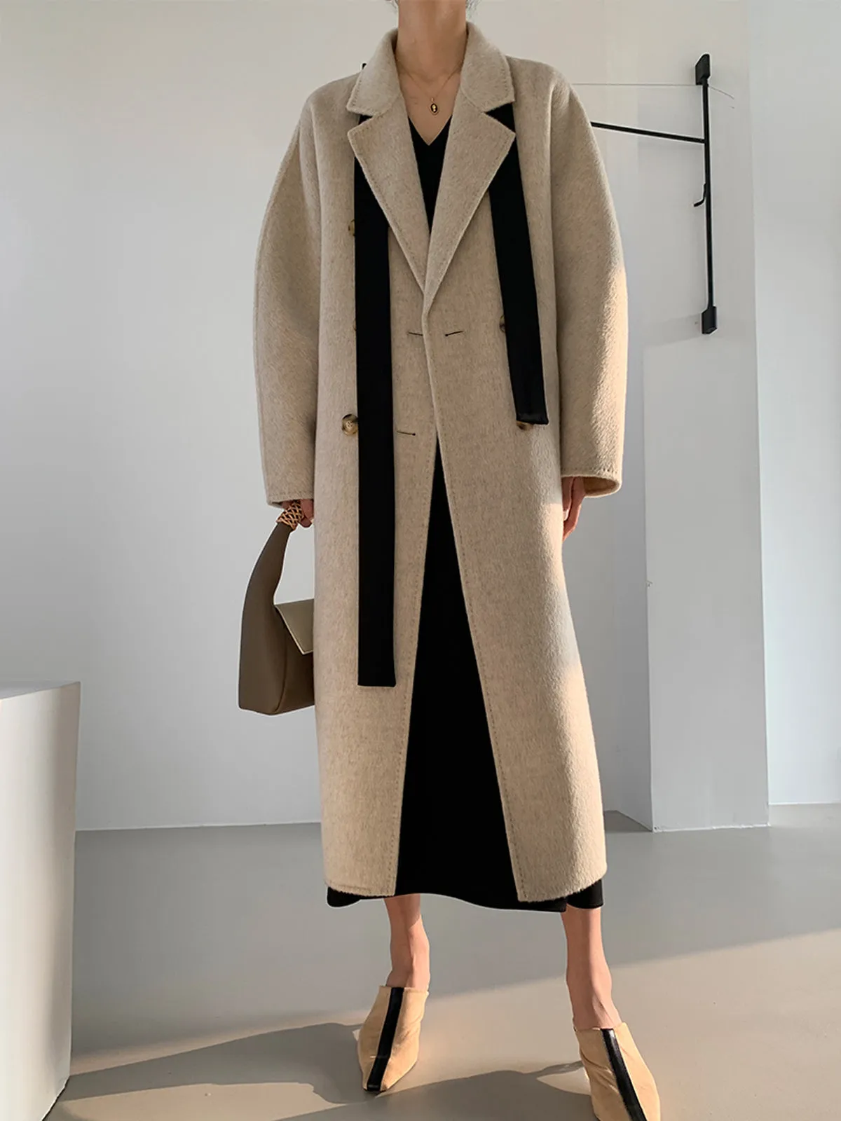 Double Face Wool Wrap Belt Blazer Coat - Beige Gray