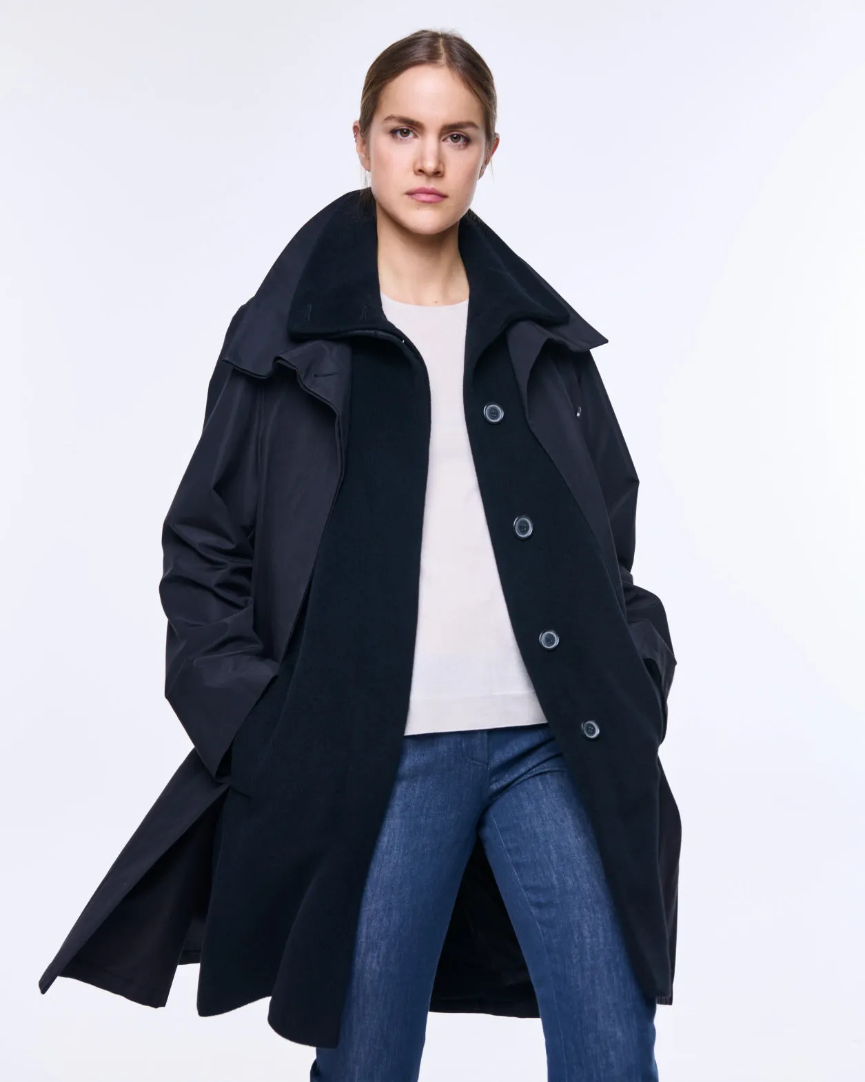 Double-Layered Wool Coat with Detachable Silk Layer