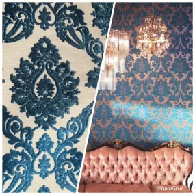 Duke Raphael Designer Medallion Burnout Chenille Velvet Fabric - Dark Turquoise Blue- Upholstery