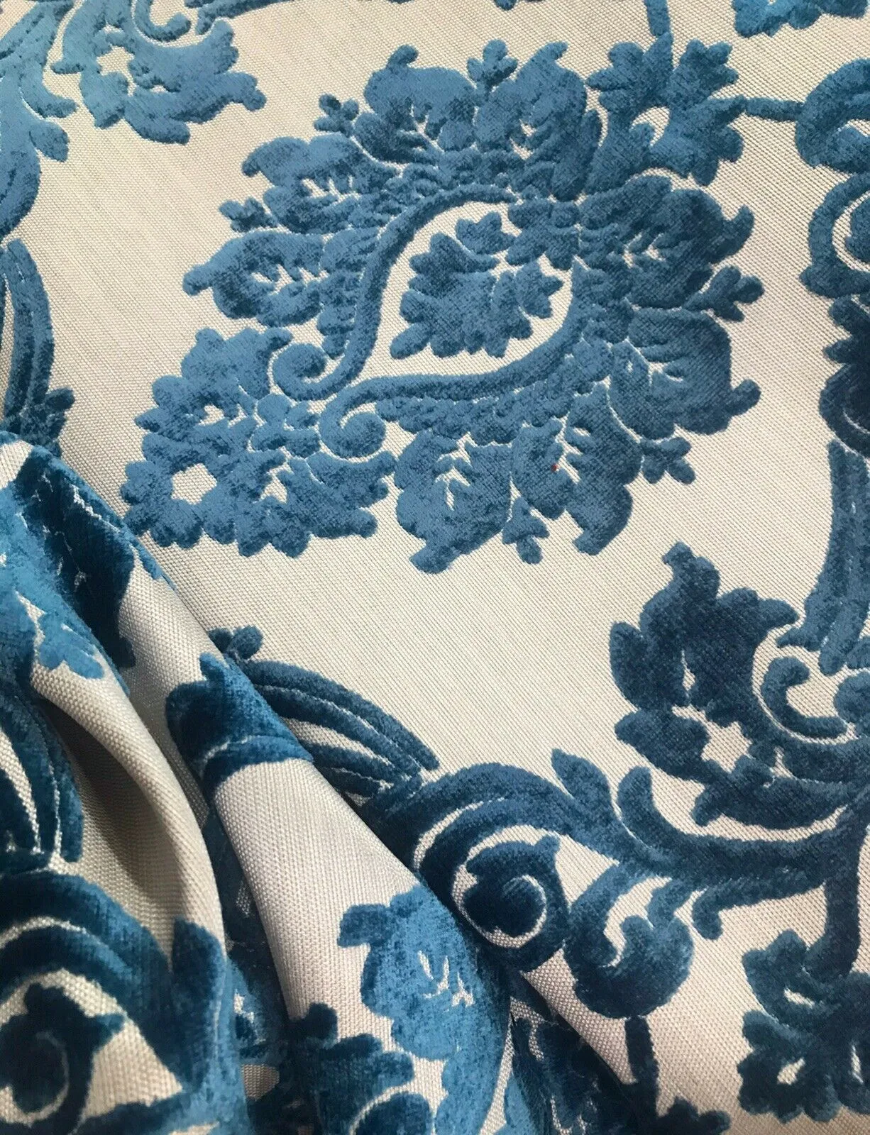 Duke Raphael Designer Medallion Burnout Chenille Velvet Fabric - Dark Turquoise Blue- Upholstery