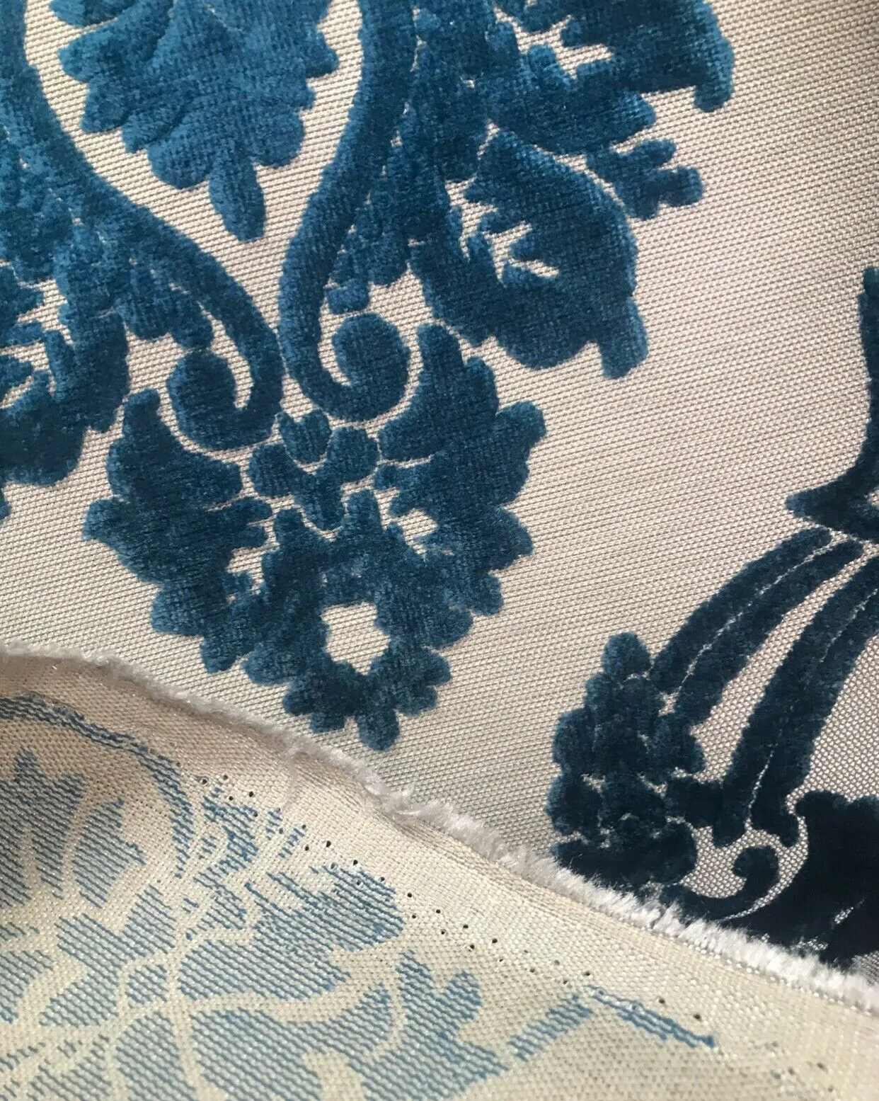 Duke Raphael Designer Medallion Burnout Chenille Velvet Fabric - Dark Turquoise Blue- Upholstery