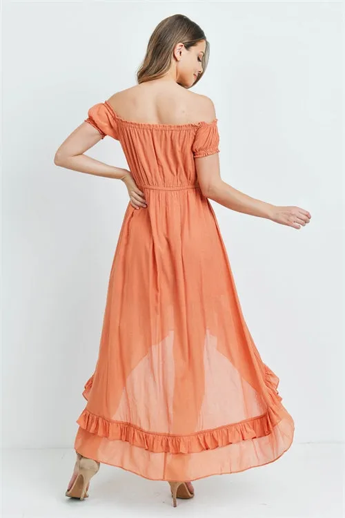 Dusty Orange Cold Shoulder High Low Maxi Dress