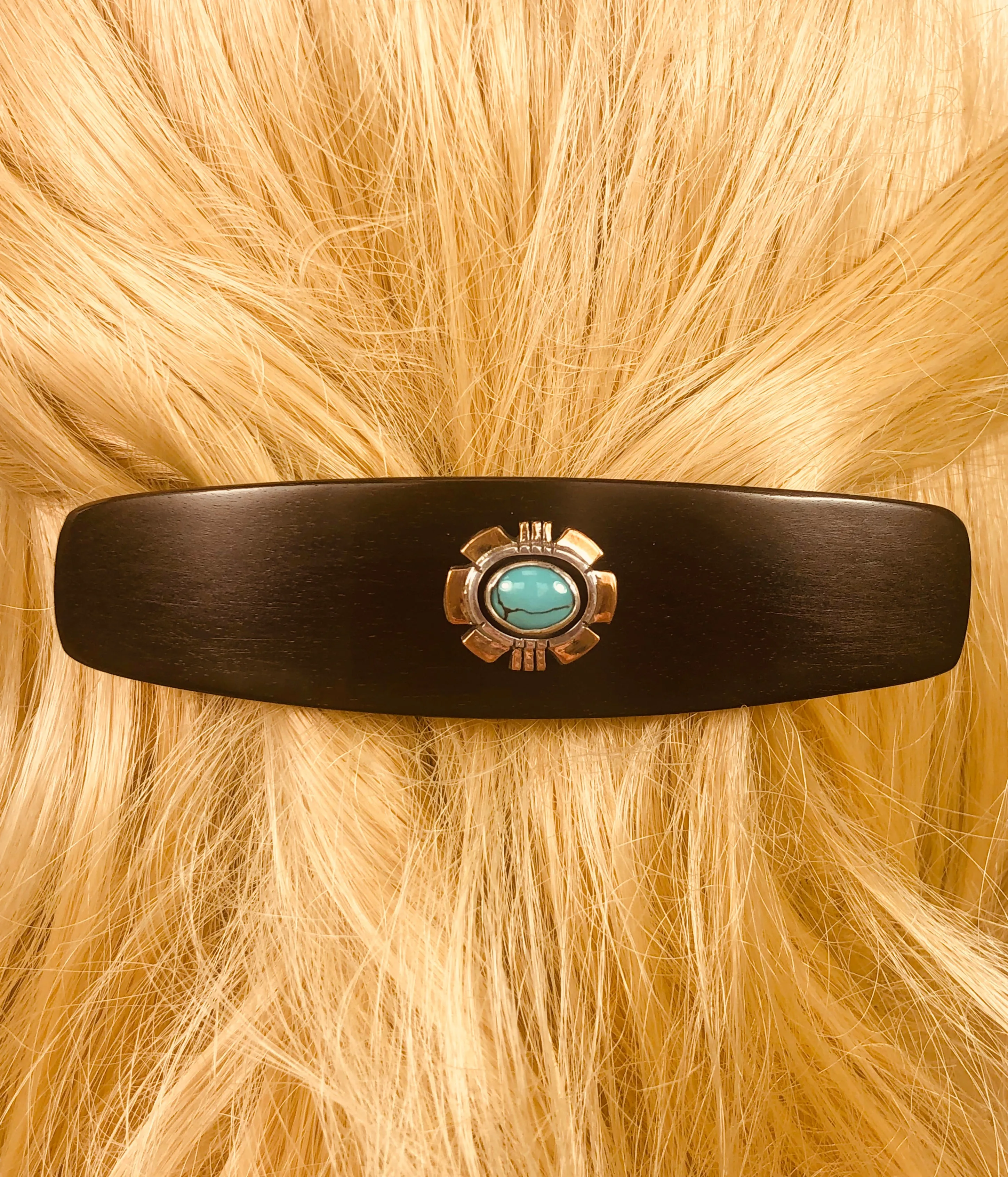 Ebony 14k gold Turquoise barrette, Ebony Gemstone Barrette