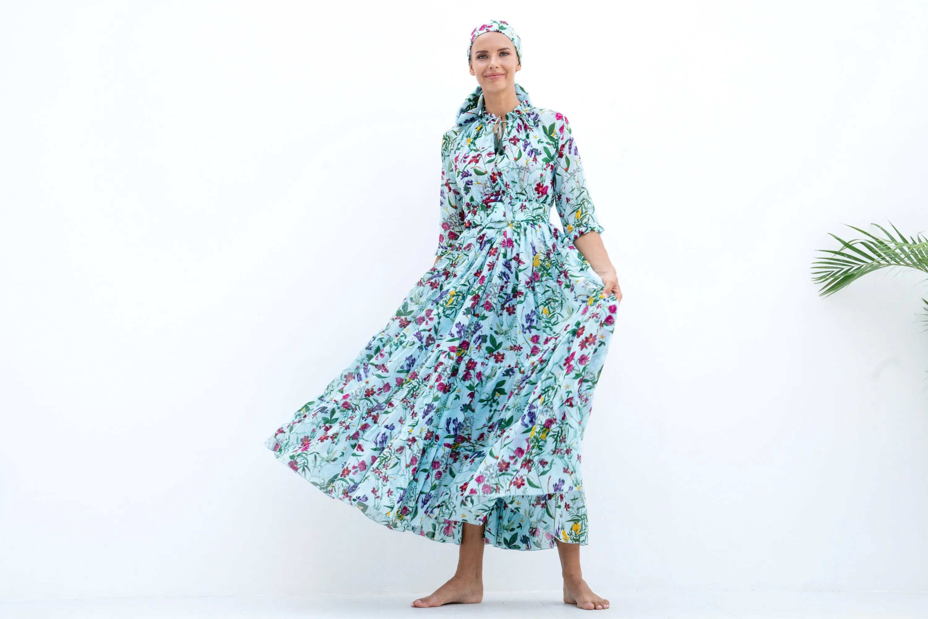 Eden Dress Crew Neck 3/4 Sleeve with Hamilton Belt Maxi Length Cotton Musola (Fairy Tail Flower)