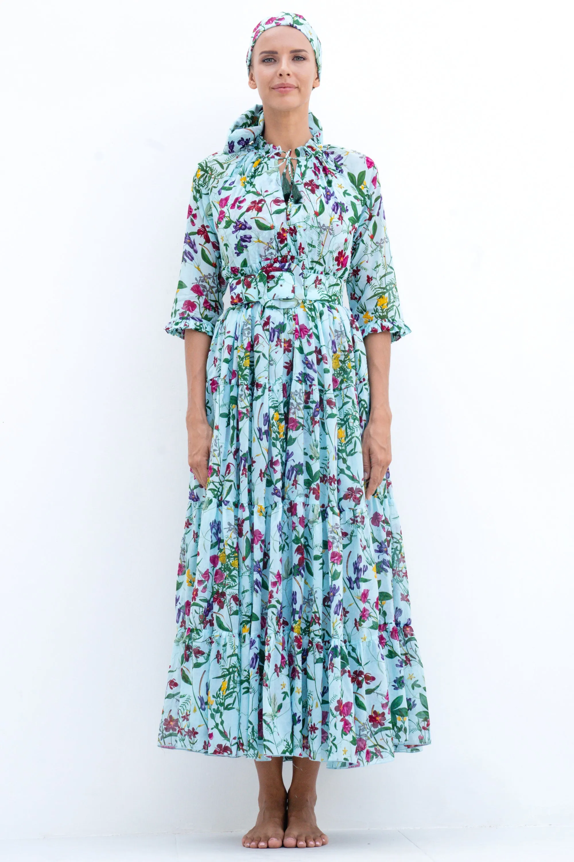 Eden Dress Crew Neck 3/4 Sleeve with Hamilton Belt Maxi Length Cotton Musola (Fairy Tail Flower)