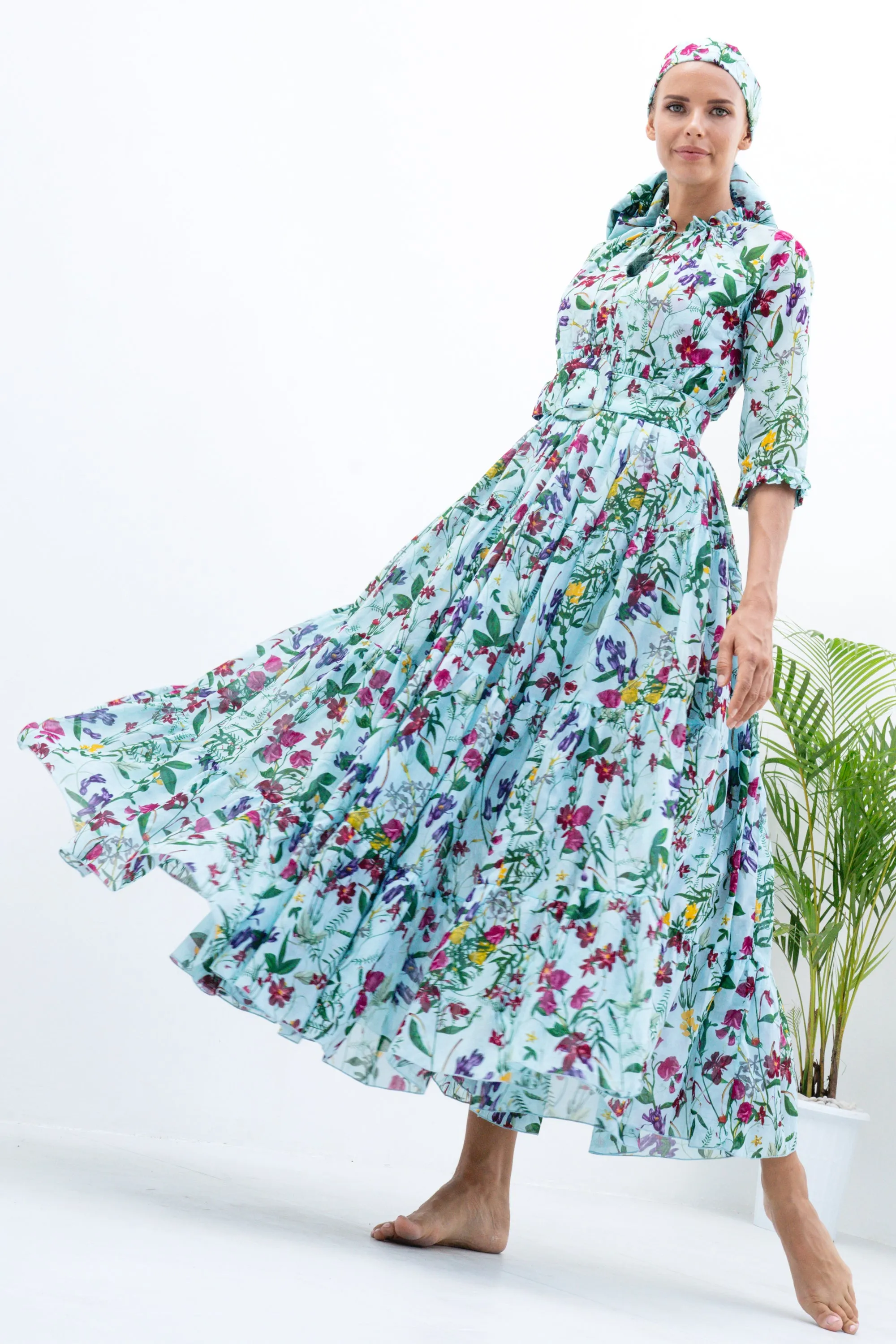 Eden Dress Crew Neck 3/4 Sleeve with Hamilton Belt Maxi Length Cotton Musola (Fairy Tail Flower)