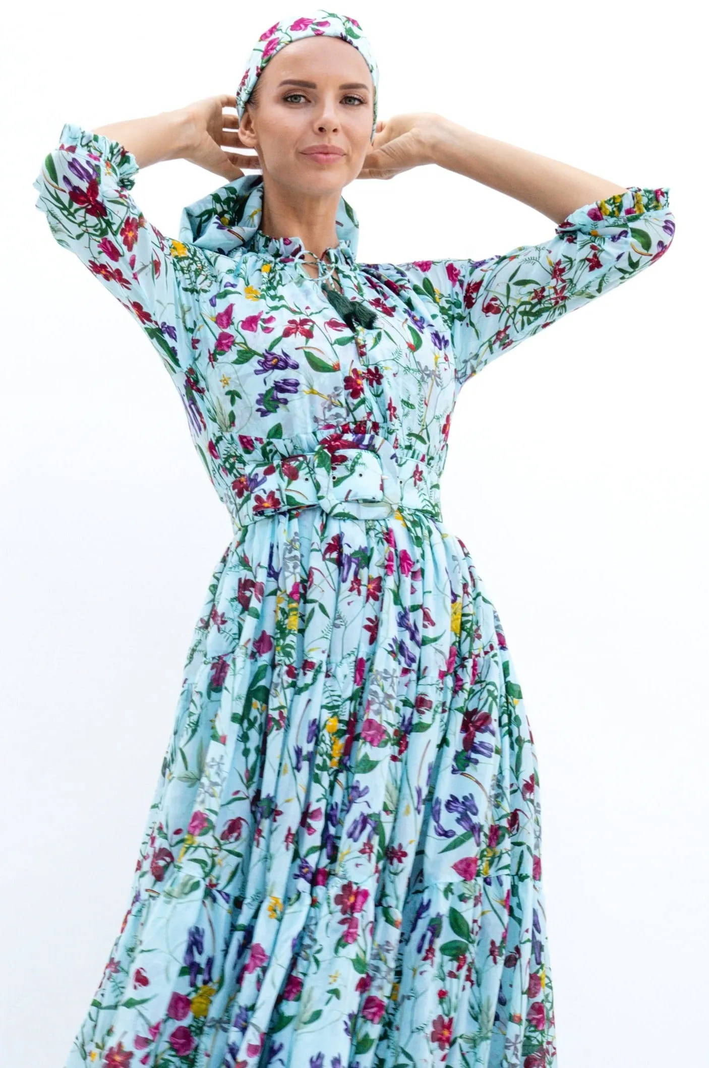 Eden Dress Crew Neck 3/4 Sleeve with Hamilton Belt Maxi Length Cotton Musola (Fairy Tail Flower)