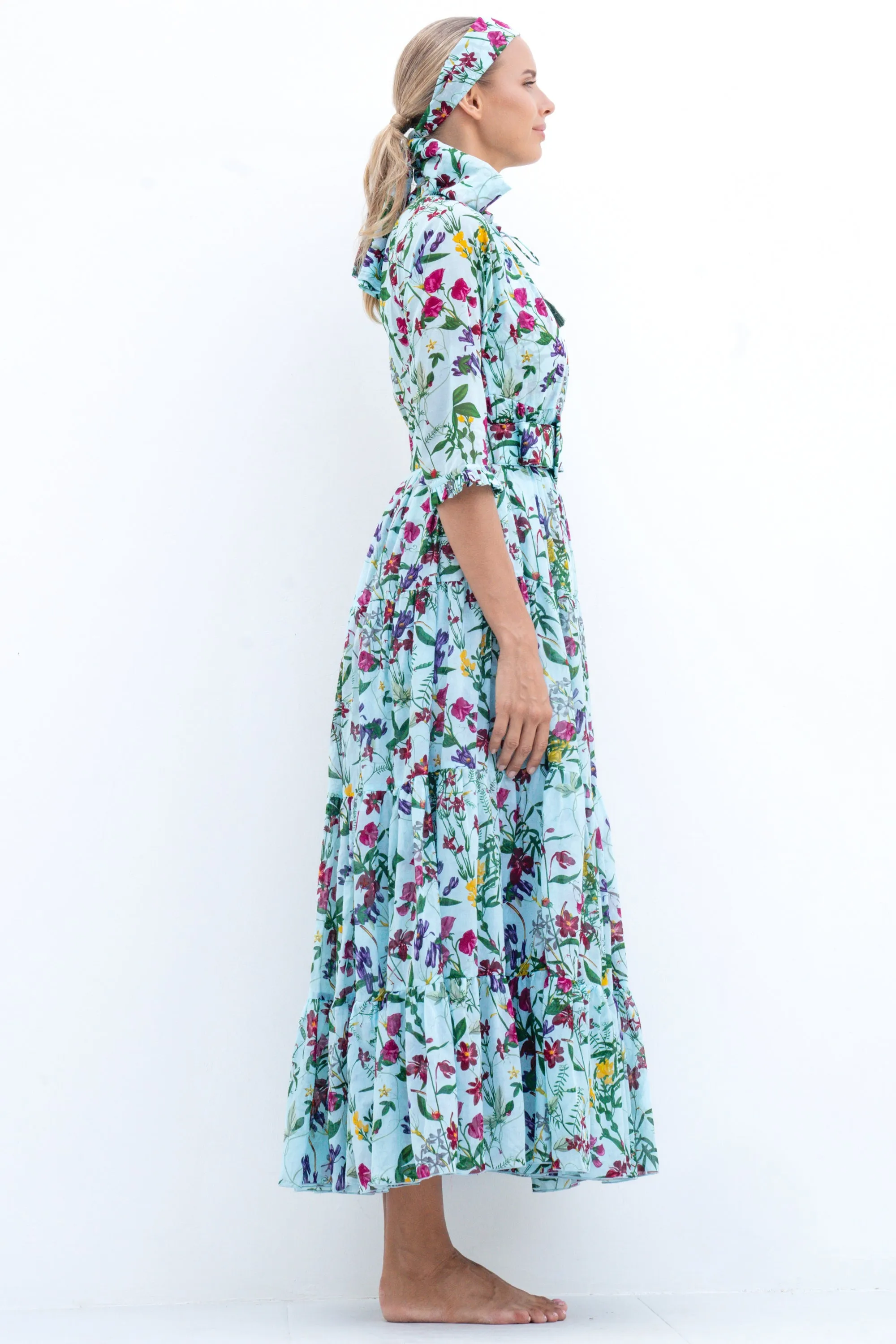 Eden Dress Crew Neck 3/4 Sleeve with Hamilton Belt Maxi Length Cotton Musola (Fairy Tail Flower)