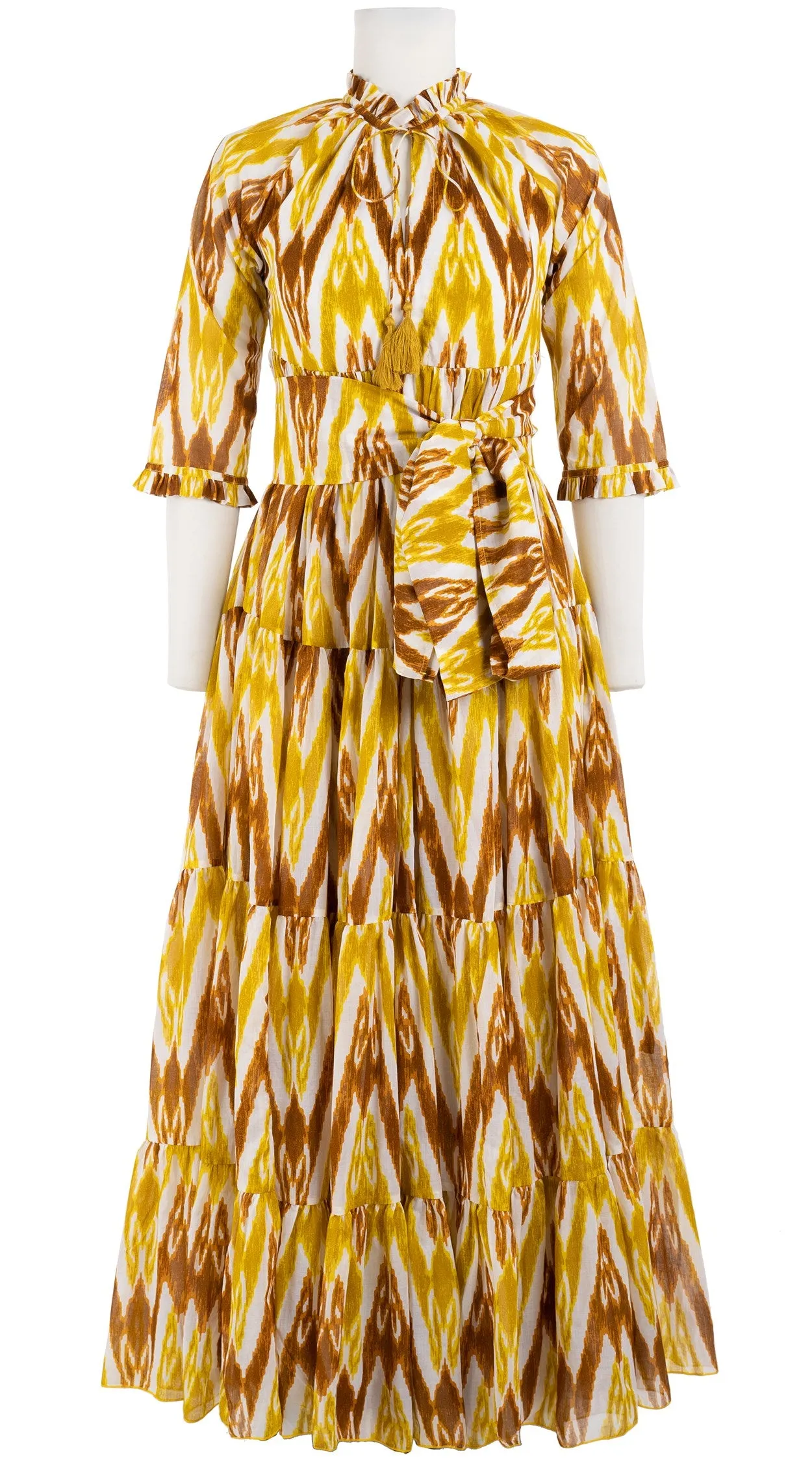 Eden Dress Crew Neck 3/4 Sleeve with Hamilton Belt Maxi Length Cotton Musola (Ikat Uzbec Bright)