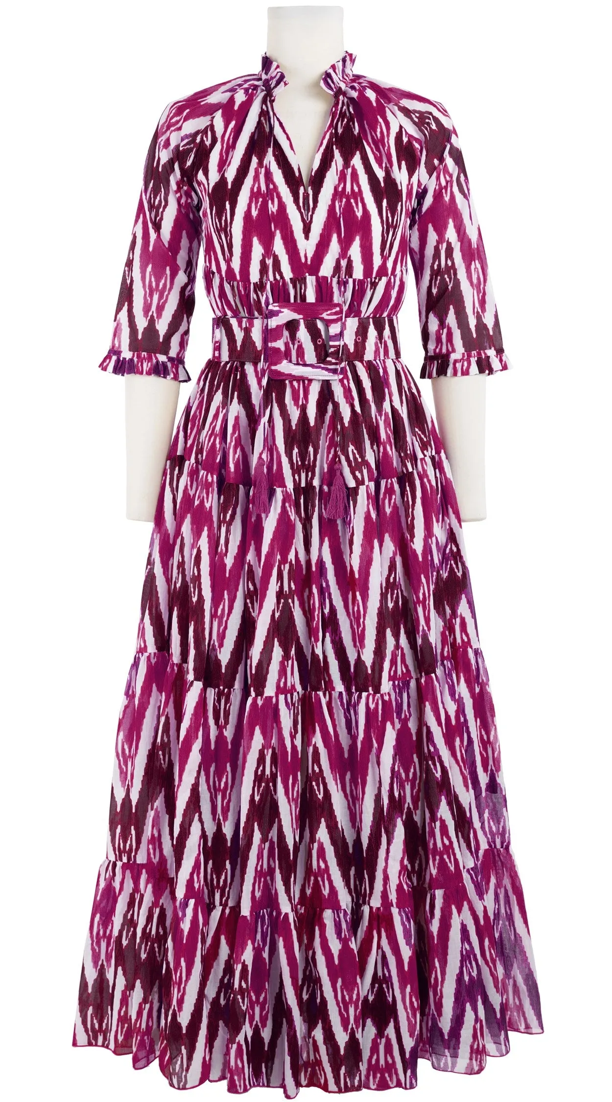 Eden Dress Crew Neck 3/4 Sleeve with Hamilton Belt Maxi Length Cotton Musola (Ikat Uzbec Bright)