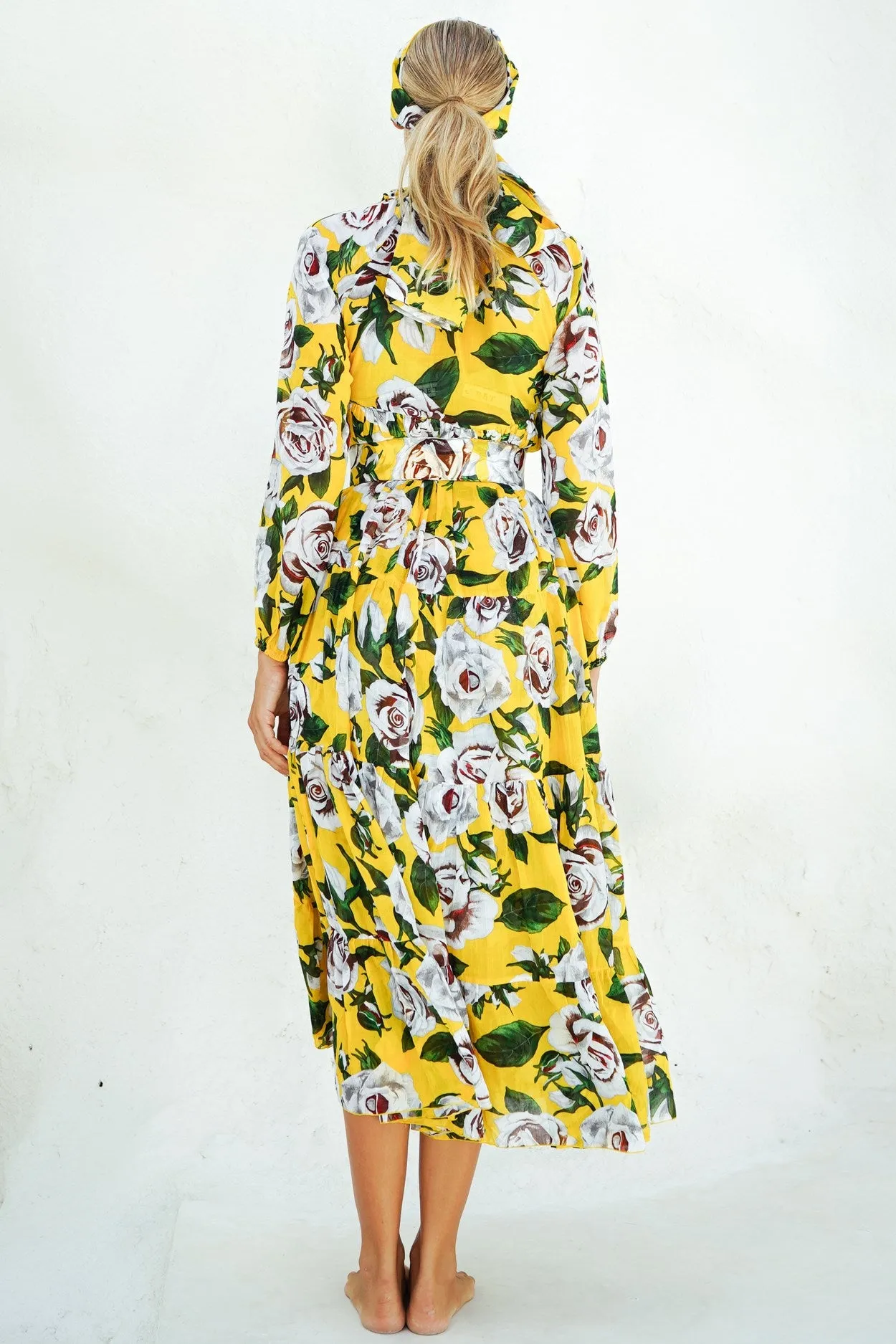 Eden Dress Crew Neck 3/4 Sleeve with Hamilton Belt Maxi  Length Cotton Musola (White Rose Bright)