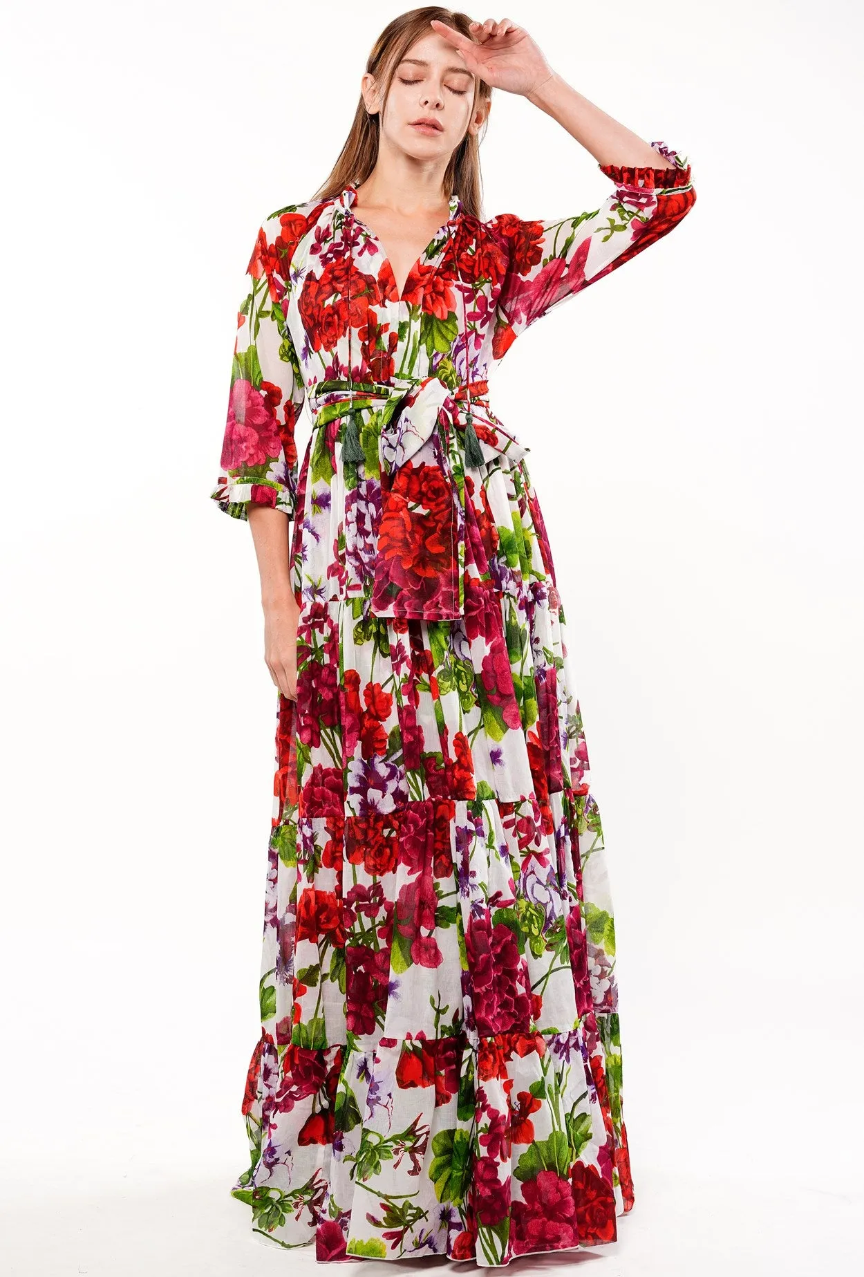 Eden Dress Crew Neck 3/4 Sleeve with Hamilton Belt Maxi Plus Length Cotton Musola (Bougainvillea Blossom Small)