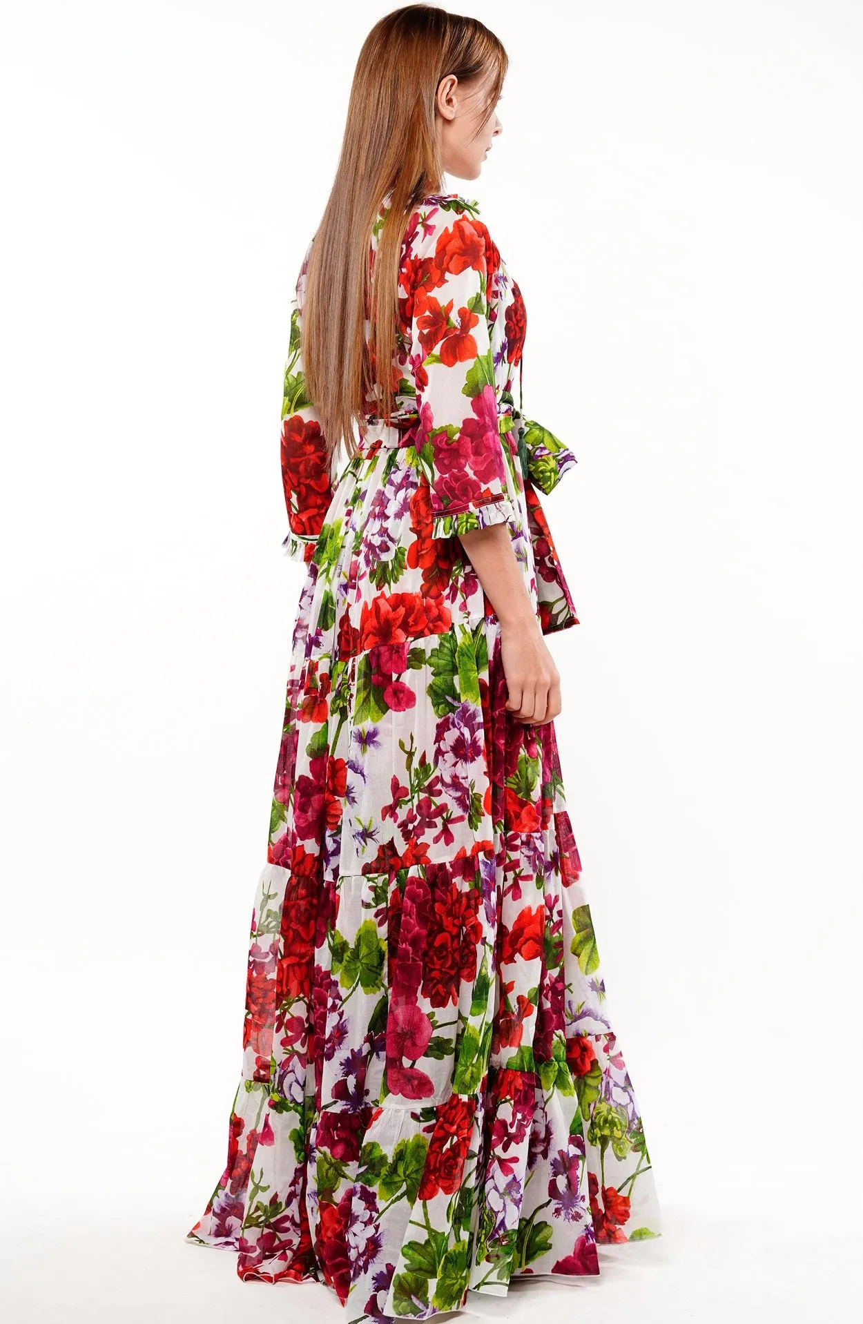 Eden Dress Crew Neck 3/4 Sleeve with Hamilton Belt Maxi Plus Length Cotton Musola (Bougainvillea Blossom Small)